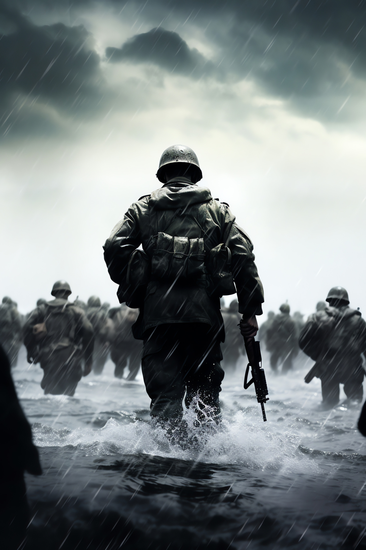 D-Day invasion, War film scene, Allied forces, Ocean assault, Historical event, HD Phone Image