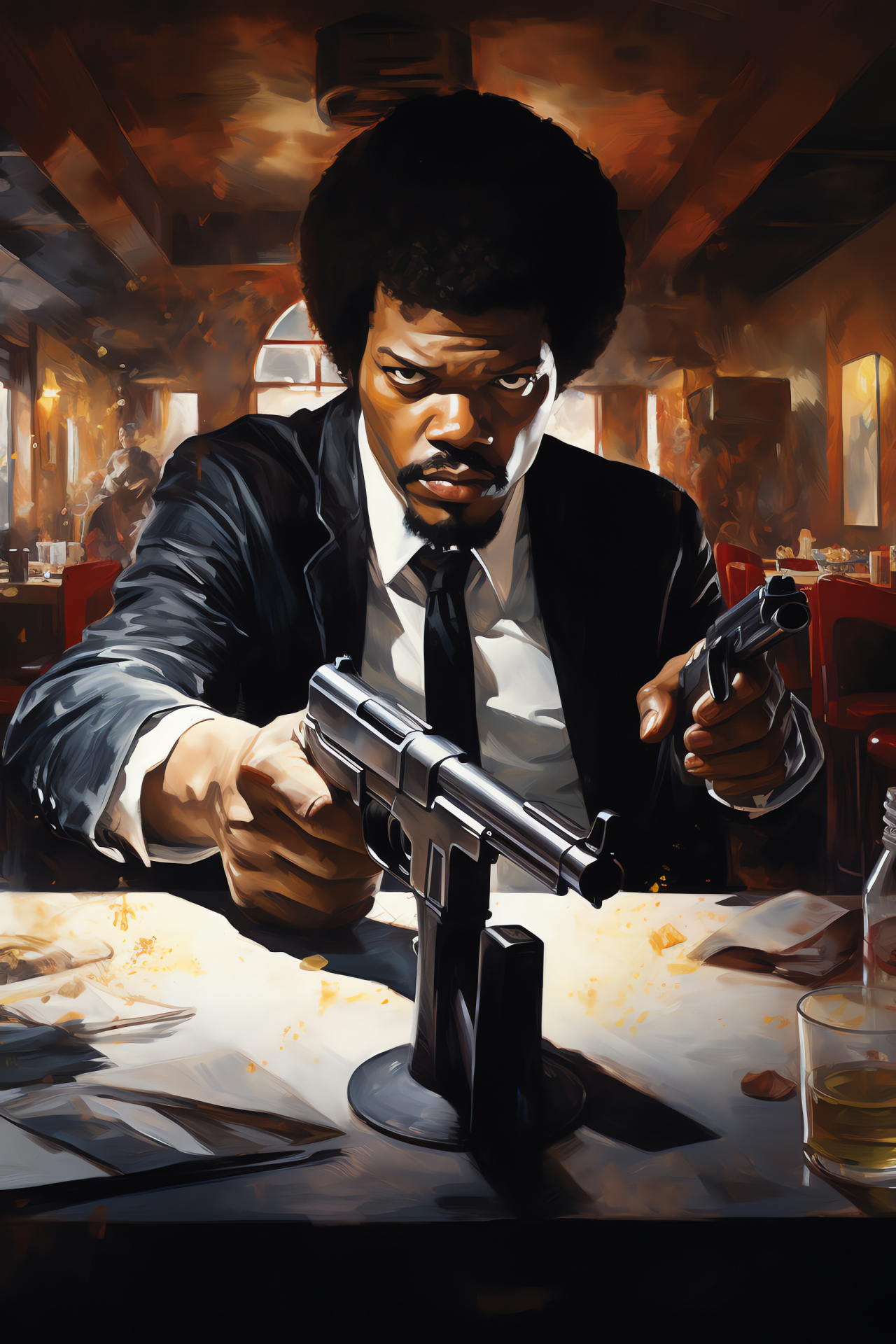 Pulp Fiction's Jules Winnfield, iconic film scene, tension-filled environment, theatrical confrontation, movie suspense, HD Phone Wallpaper