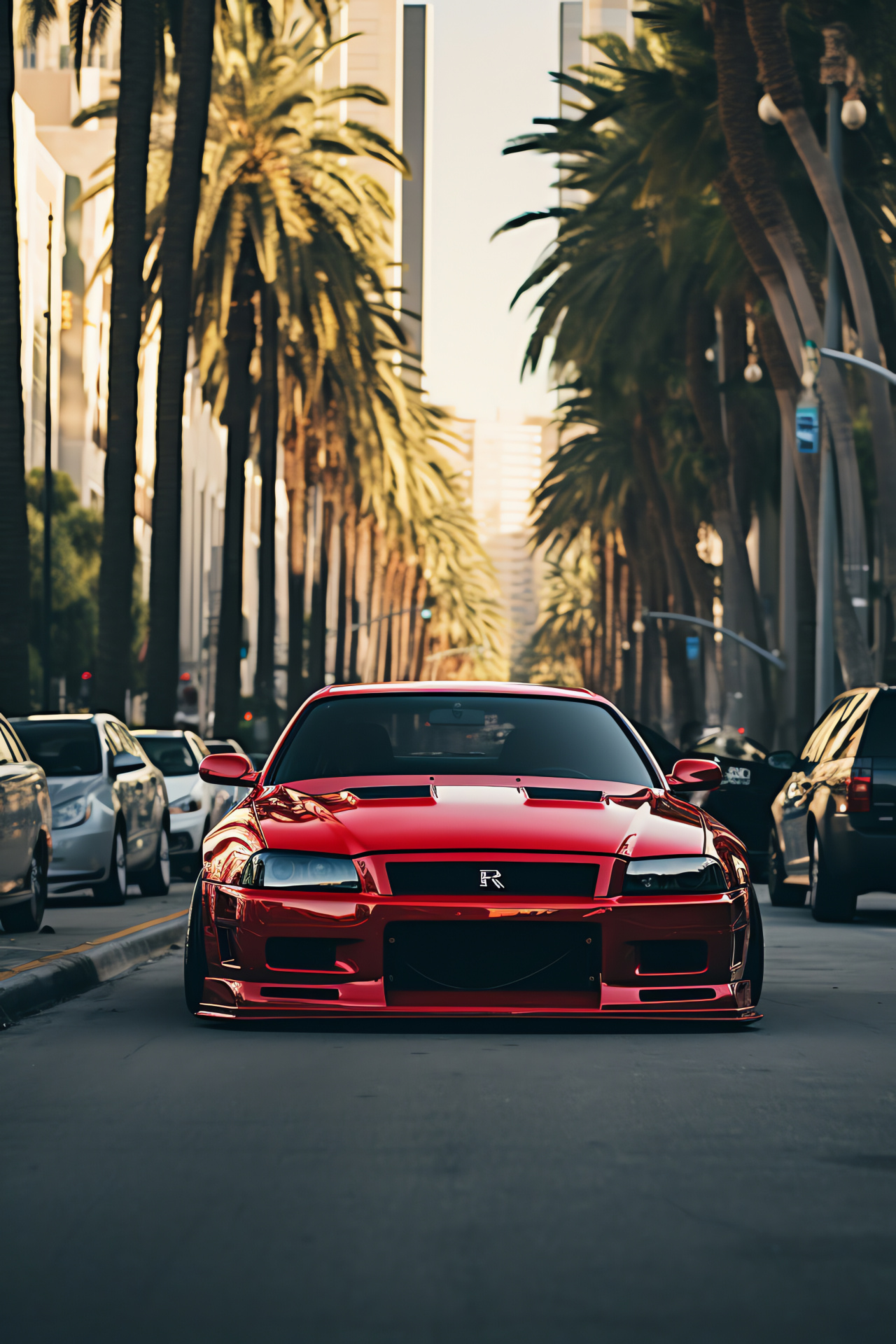 Los Angeles custom car, slammed suspension, widebody aesthetics, iconic palms, movie town backdrop, HD Phone Image