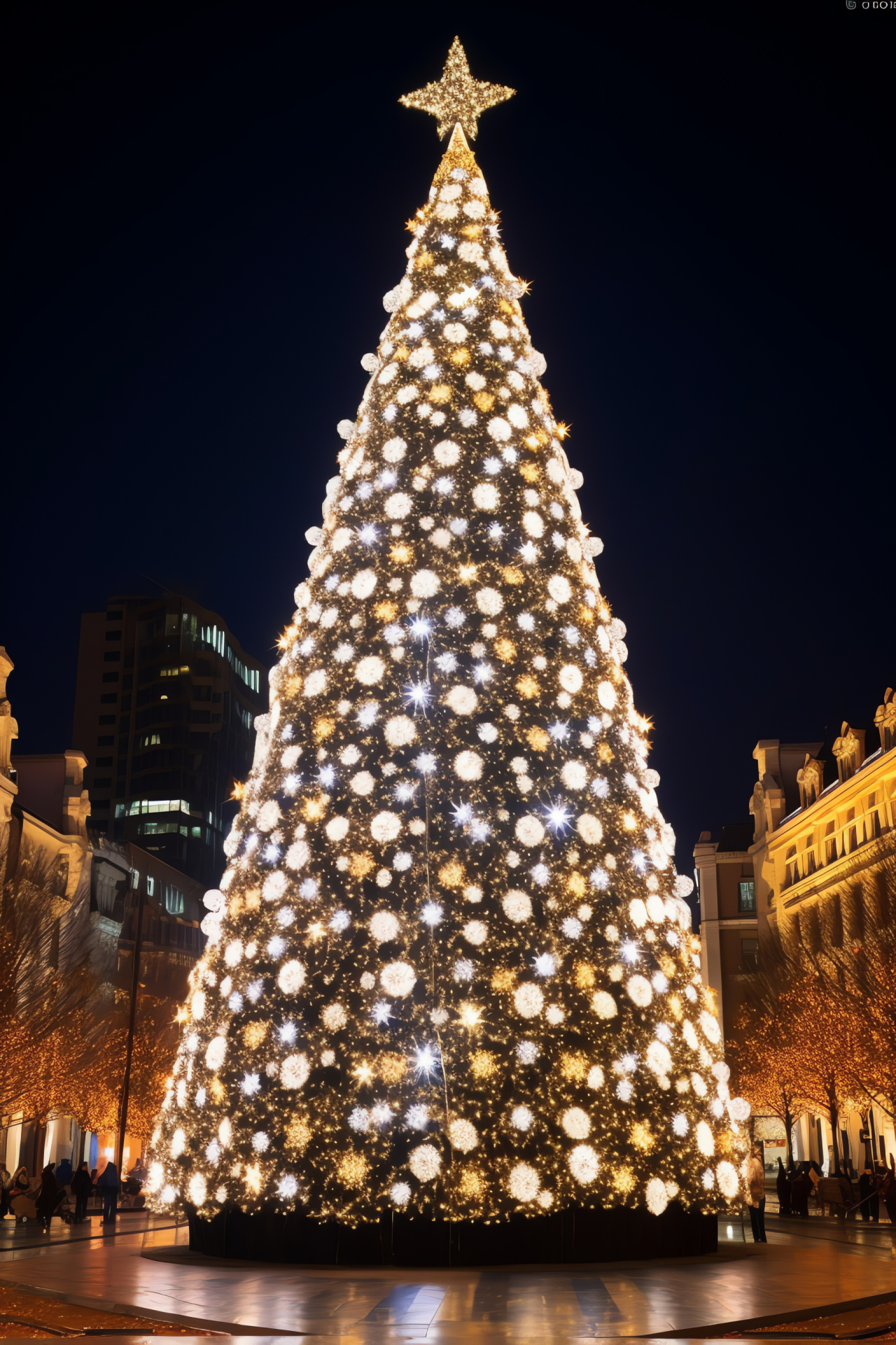 Municipal plaza illumination with white Christmas lights, towering holiday spruce, celestial nocturnal canopy, HD Phone Image