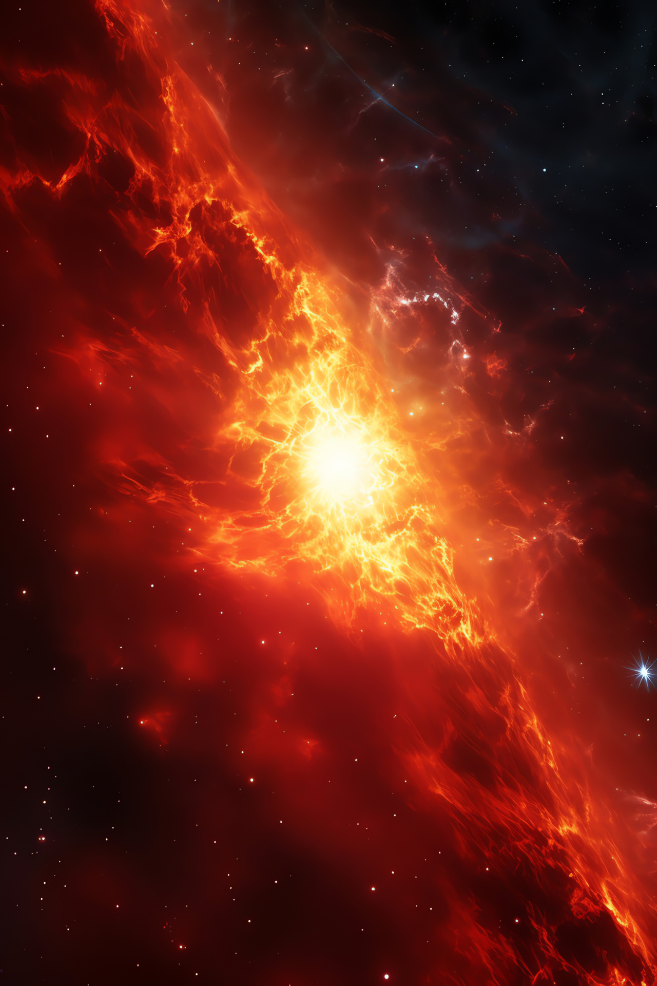 Supernova grandeur, explosive spectacle, cosmic red fury, panoramic space event, stellar eruption, HD Phone Image