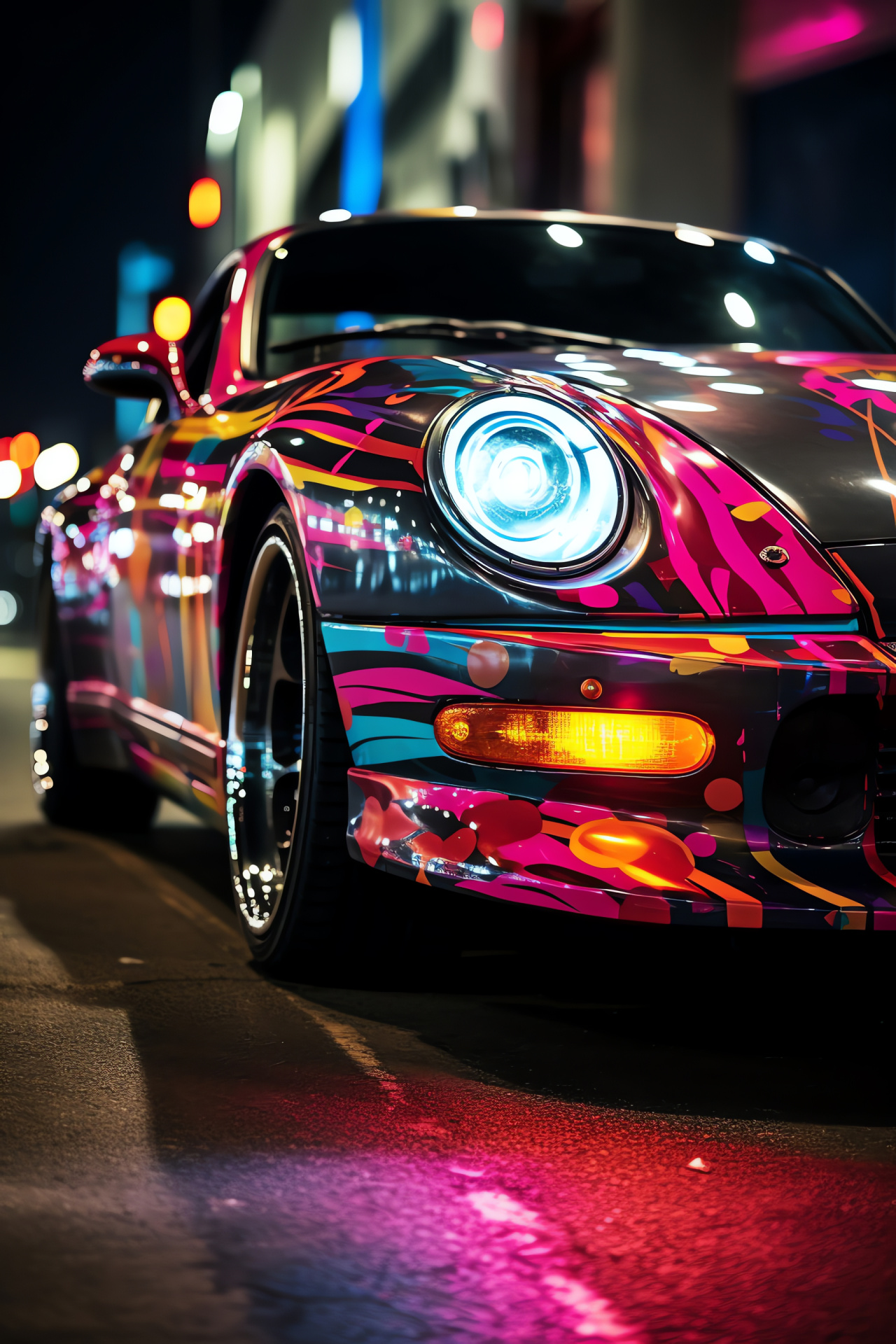 Custom slammed car, Miami's Wynwood, Reflective chrome film, Neon illumination, Urban graffiti culture, HD Phone Image