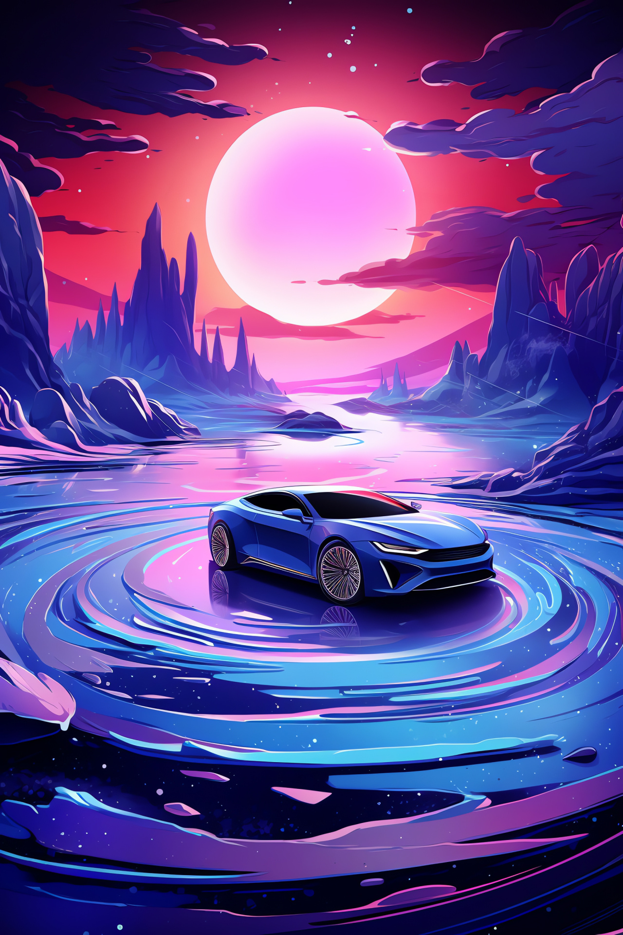 Concept car design, Surreal landscape scene, Innovative auto creations, Crystalline environmental elements, Future vehicle concept, HD Phone Wallpaper