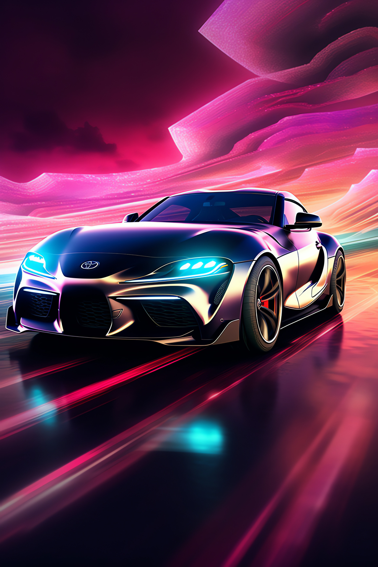 Toyota Supra GR by TRD, High-performance vehicle, Auto tuning upgrades, Aerodynamic build, Luminescent cityscape, HD Phone Image