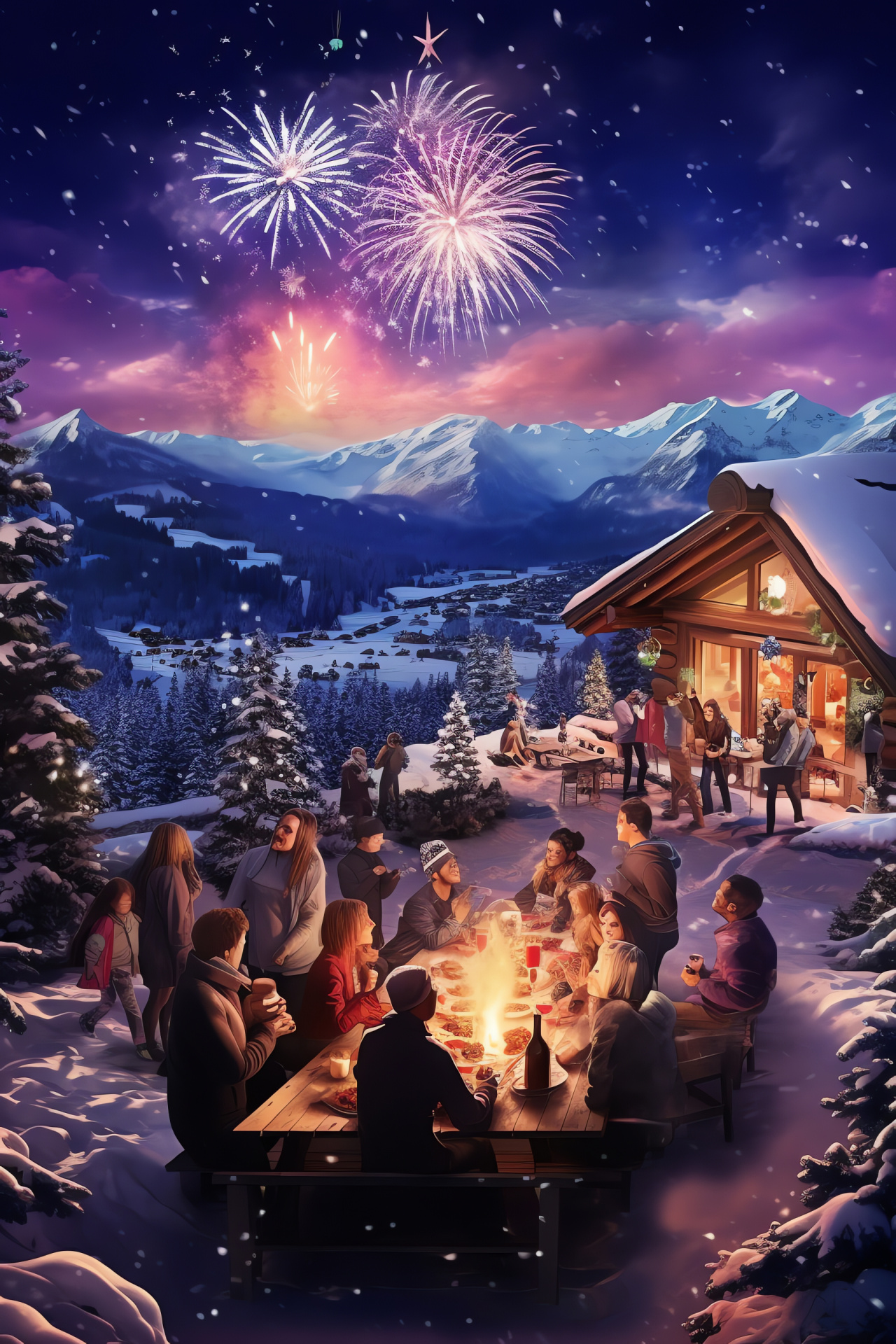 Wintertime warmth, cabin retreat, snowy serenity, hearth blaze, familial joy, HD Phone Wallpaper