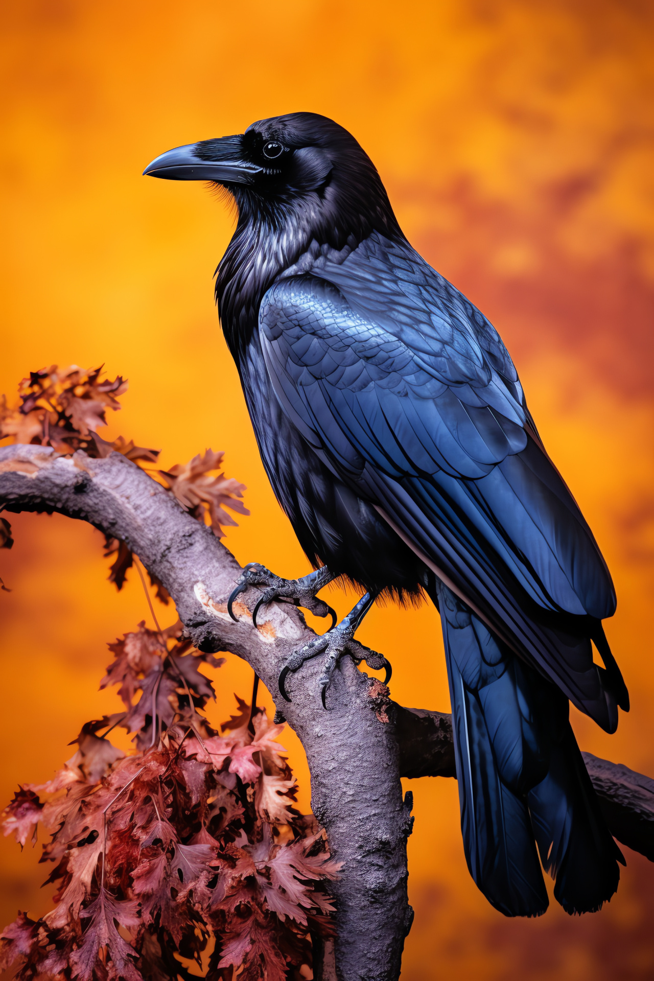 Raven, intelligent corvid, piercing eyes, variegated backdrop, avian perch, HD Phone Wallpaper