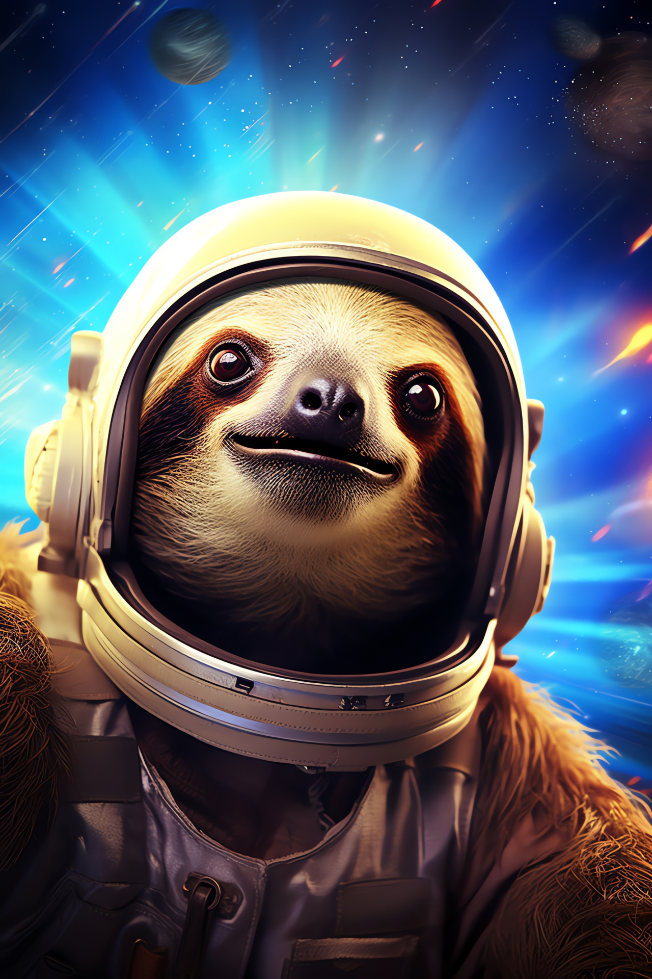 Slothstronaut in space, Bright-eyed floating sloth, Light brown fur astronaut, Outer space triple-colored scene, Vibrant galaxy image, HD Phone Image