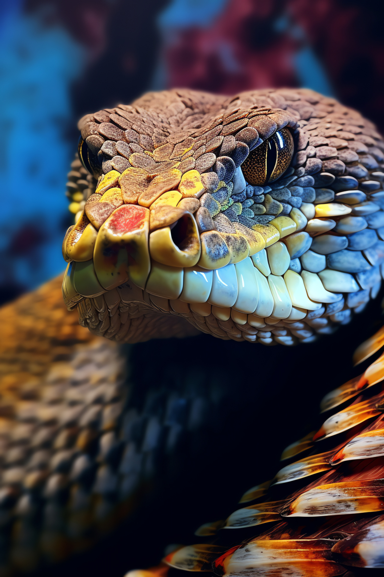 Rattlesnake posed threat, Snake captivating colors, Rattlesnake coiled body, Reptile with intense gaze, Decorative rattle, HD Phone Image