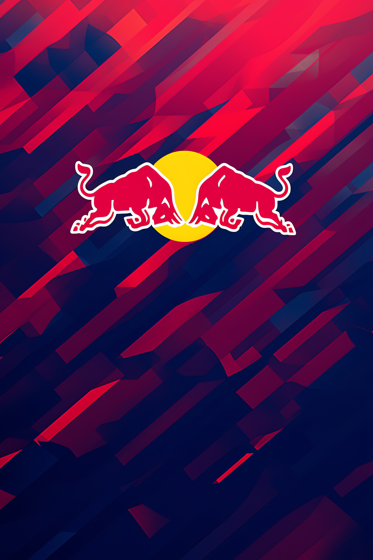 Red Bull corporate icon, Triadic color scheme, Expansive brand presentation, Lively ambiance, Logo silhouette, HD Phone Wallpaper