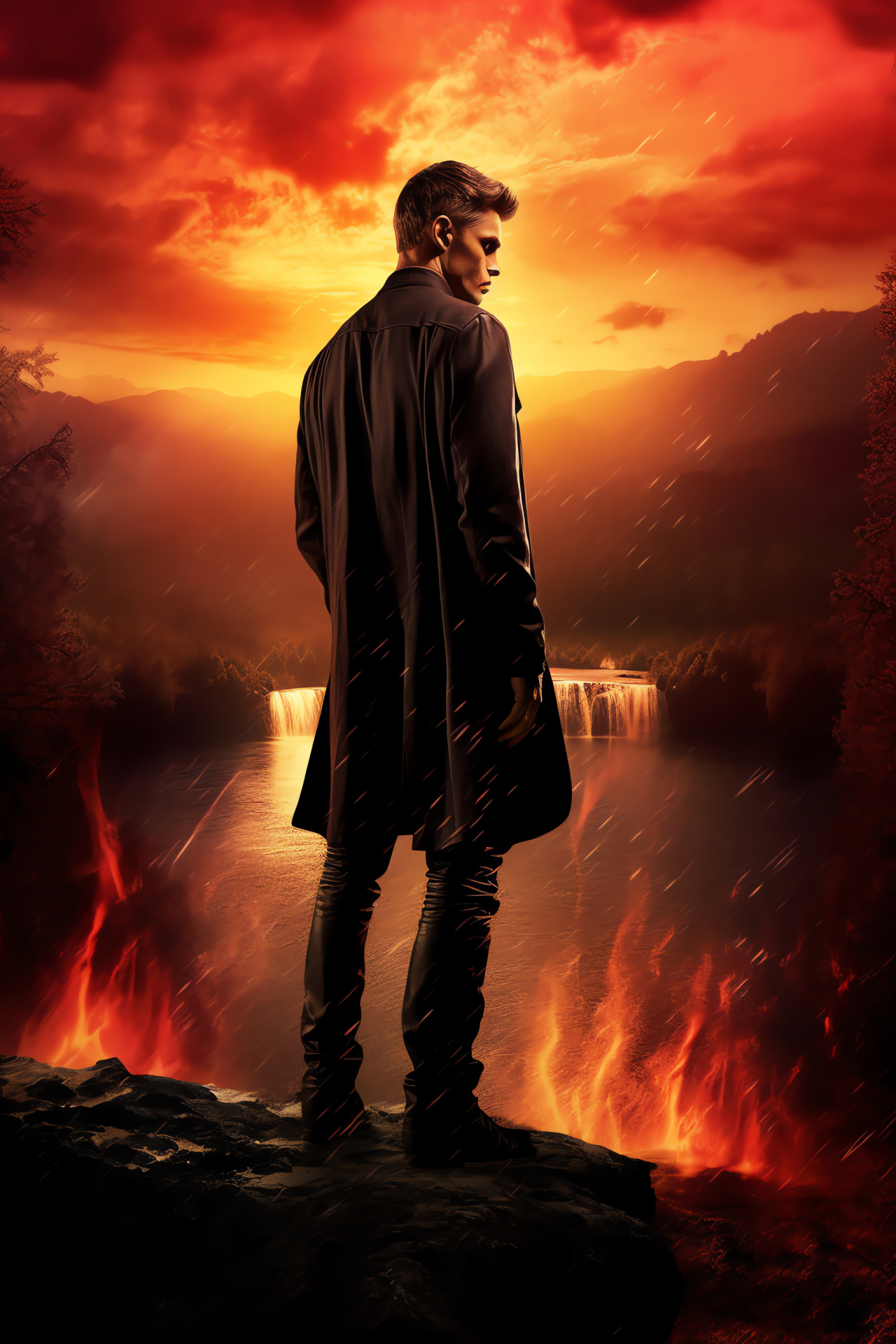 Dramatic landscape, Stefan Salvatore, The Vampire Diaries scene, CW fantasy show, Cliffside setting, HD Phone Wallpaper