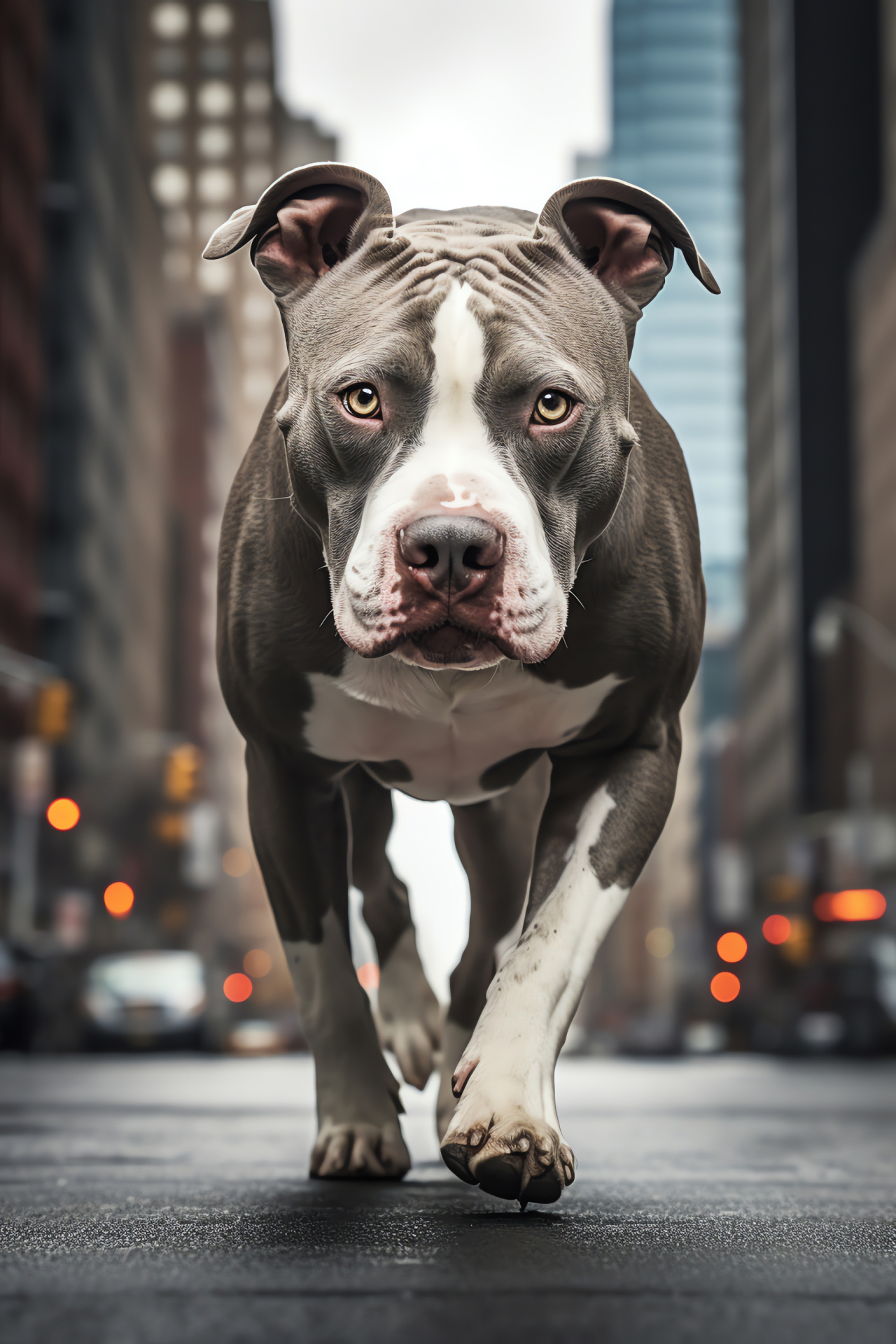 Urban Pitbull, agile motion, monochrome coat, steel gray stare, metropolis horizon, HD Phone Wallpaper