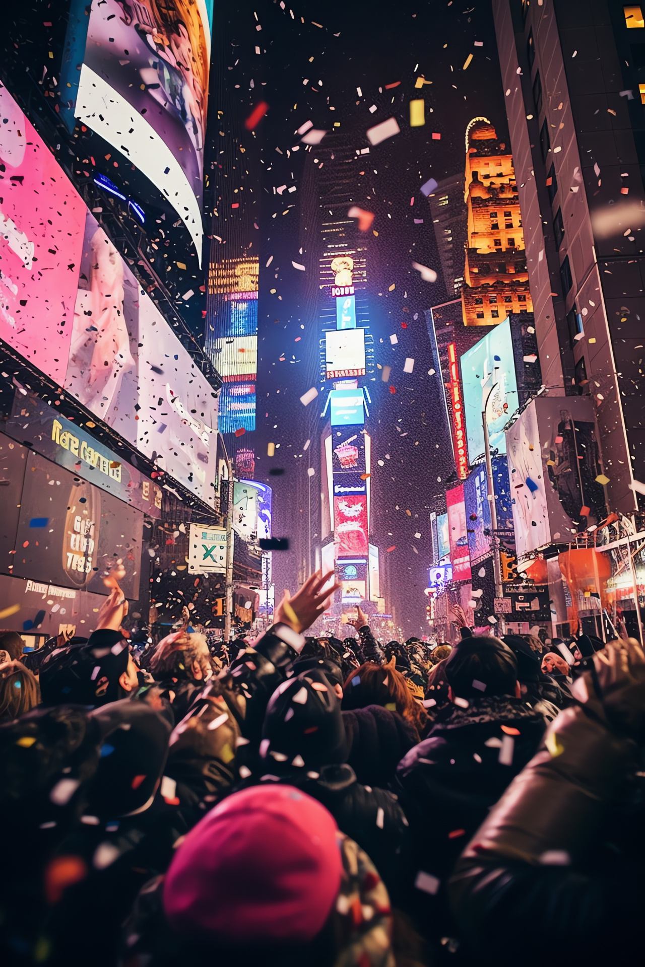 Times Square celebration, New Year's Eve spectacle, iconic NYC event, confetti-filled festivities, HD Phone Image