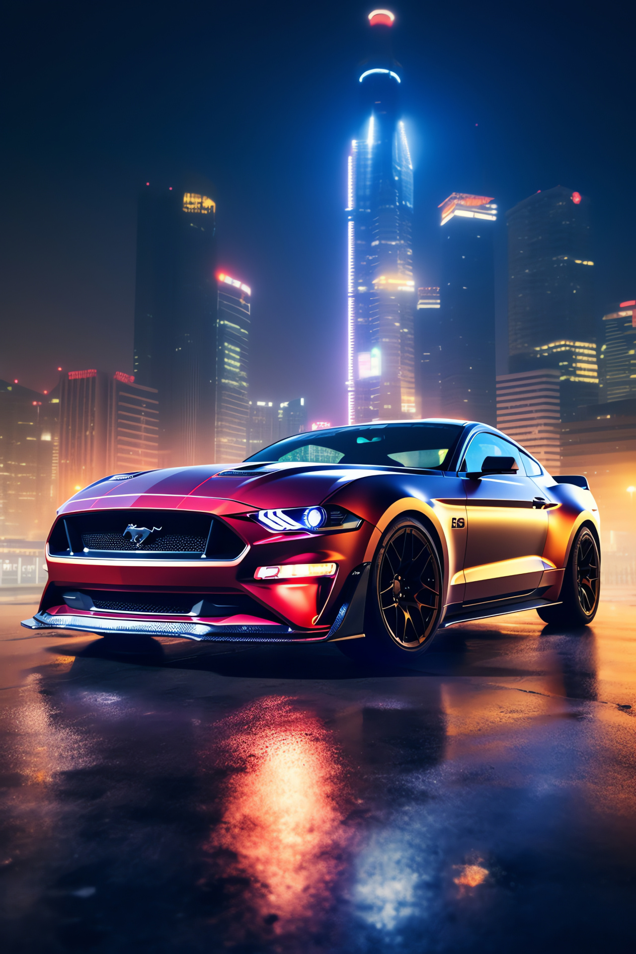 Mustang GT action, Illuminated Shanghai nightlife, GT drift prowess, Towering Pearl spectacle, Urban smoke trails, HD Phone Image