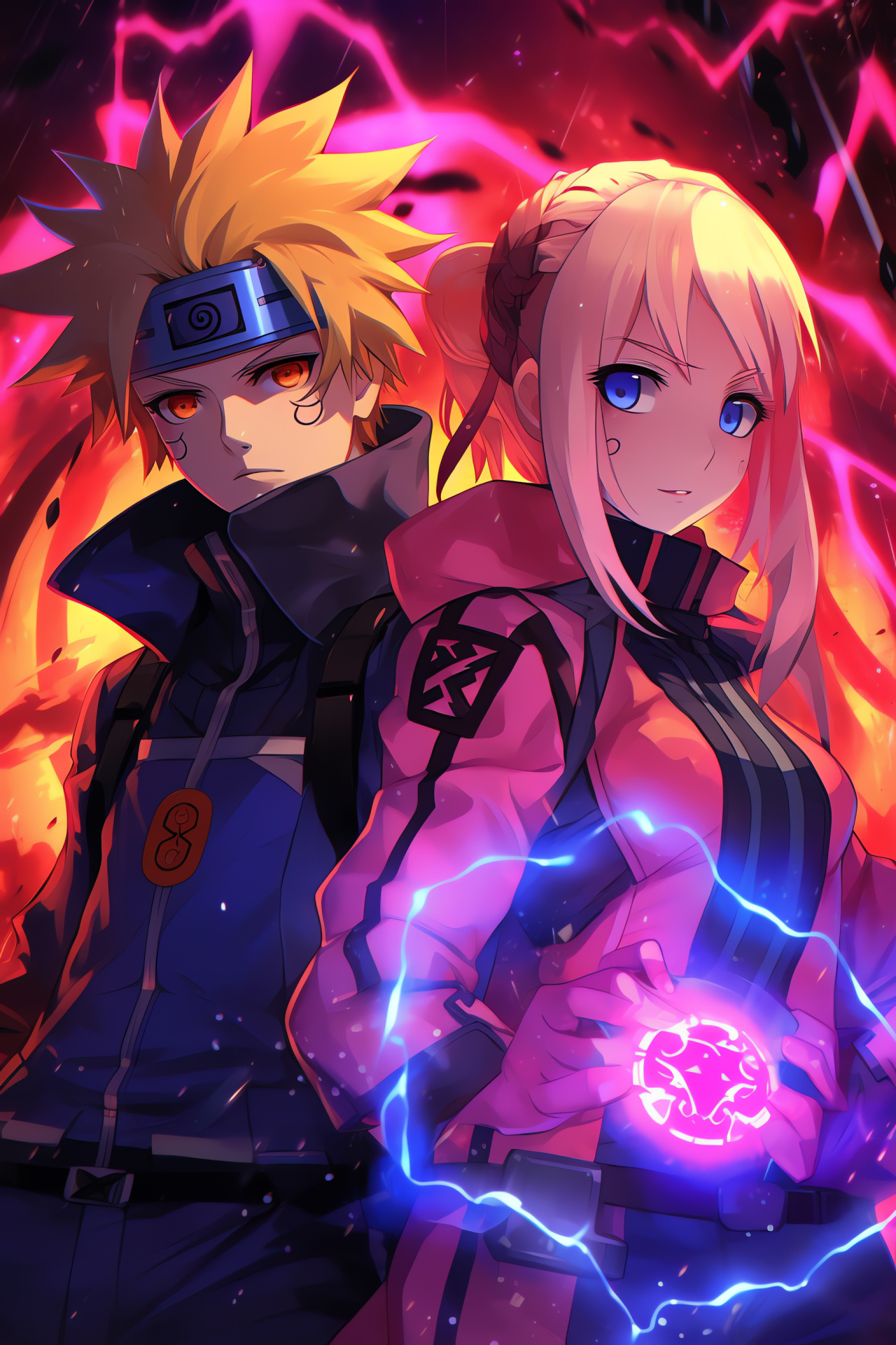 Naruto Uzumaki, Sakura Haruno, anime characters, electric hues, forceful demeanor, HD Phone Wallpaper