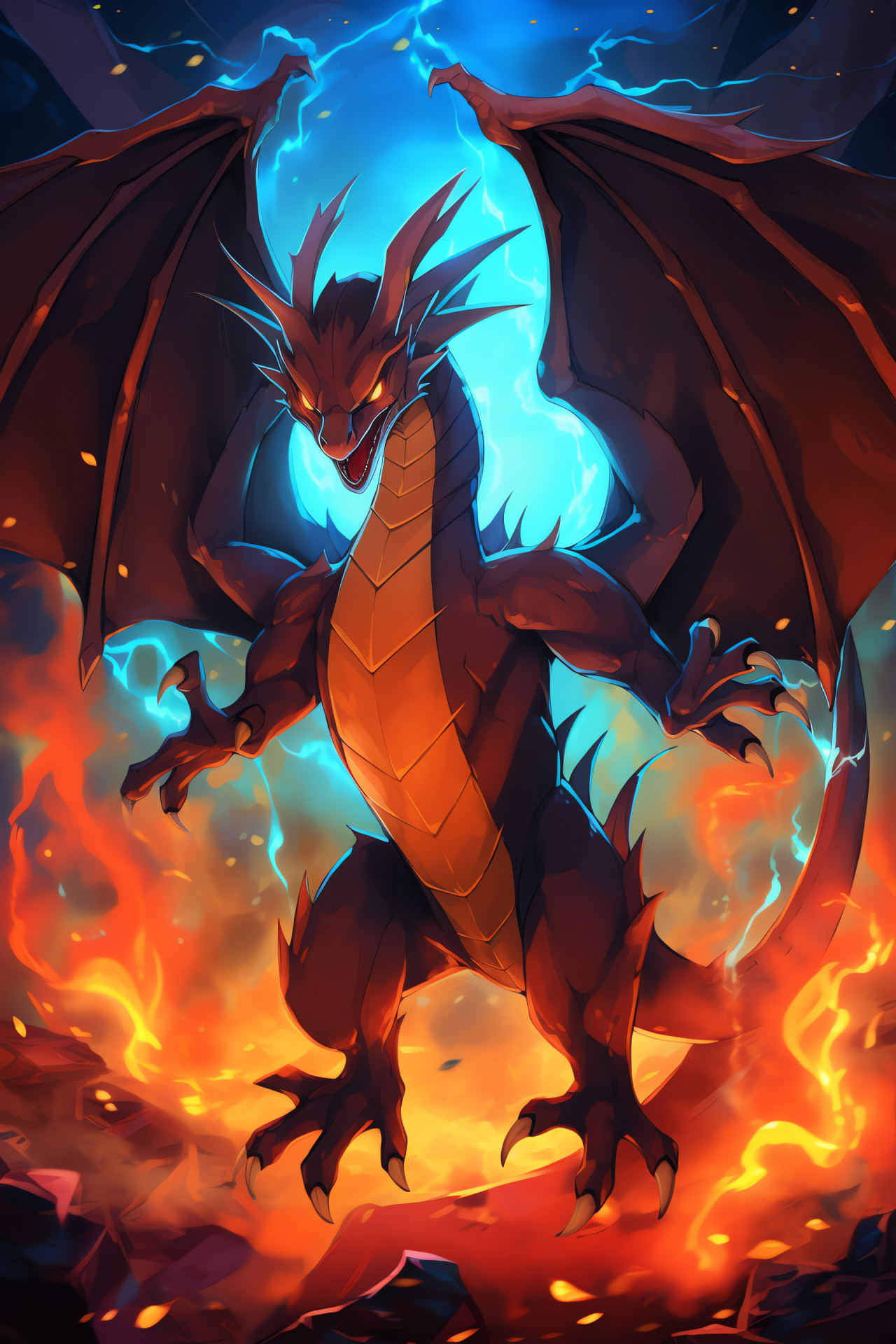 Charizard's inferno, Blackened scales, Ruby-eyed dragon, Fiery dragon, Prepared for battle, HD Phone Image