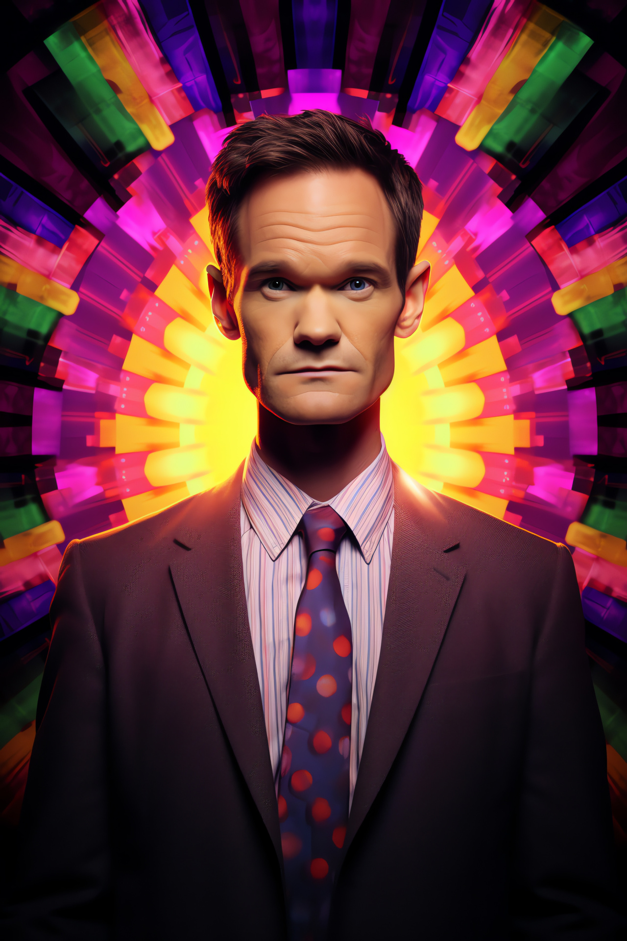 Neil Patrick Harris performer, Barney Stinson role, Actor in vibrant setting, How I Met Your Mother sitcom, Abstract backdrop, HD Phone Image