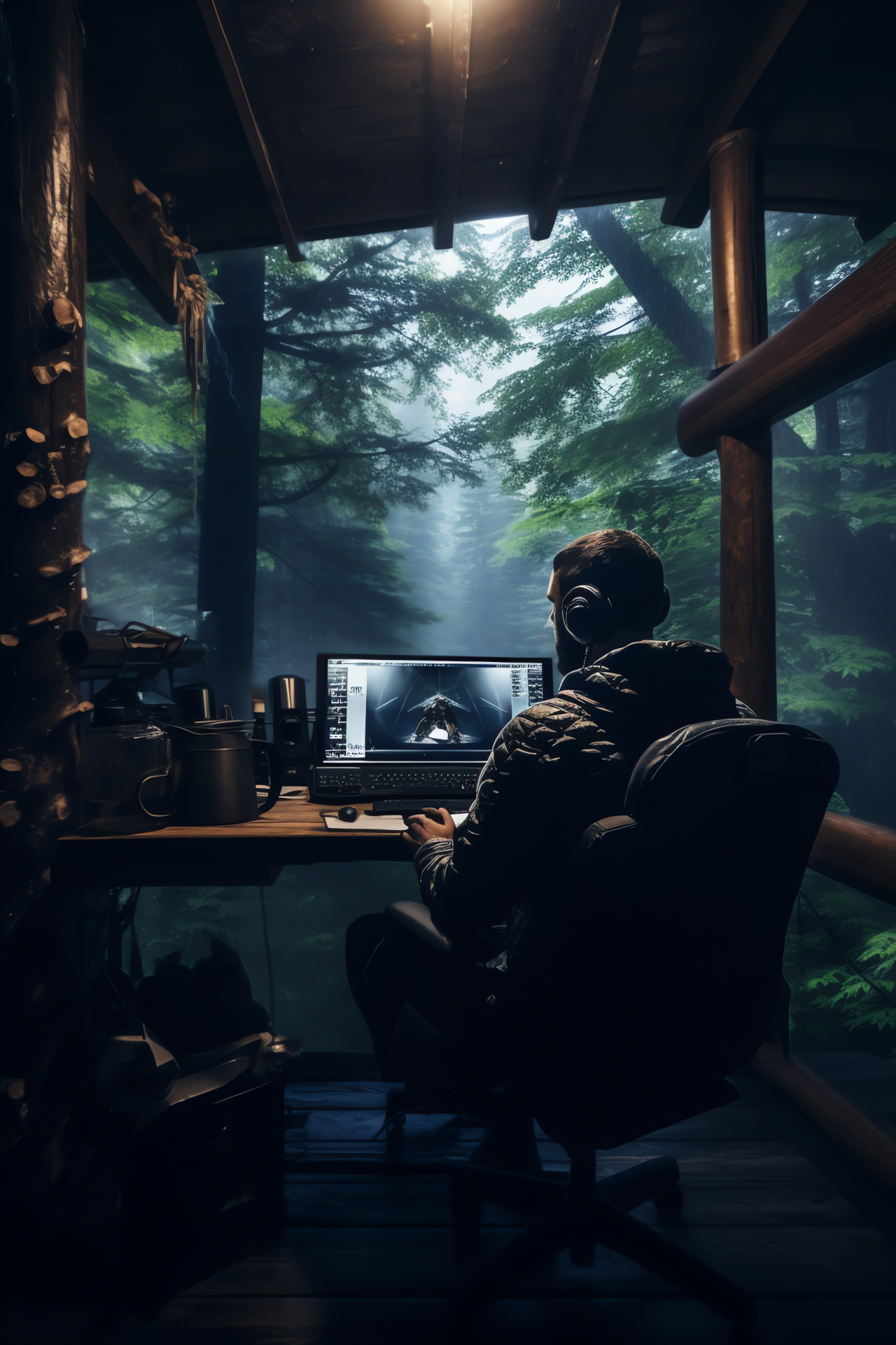 PC gaming lifestyle, Rustic retreat setup, Serene forest view, Soothing rainfall effect, Relaxing gamer environment, HD Phone Wallpaper