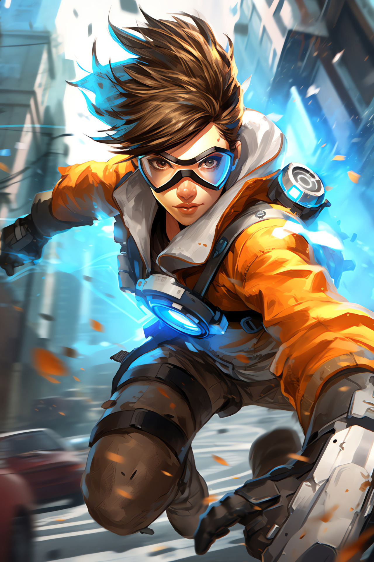 Chronal fighter Tracer, Conflict scenario, Virtual devastation, Hero-driven gameplay, Overwatch frontline battle, HD Phone Image