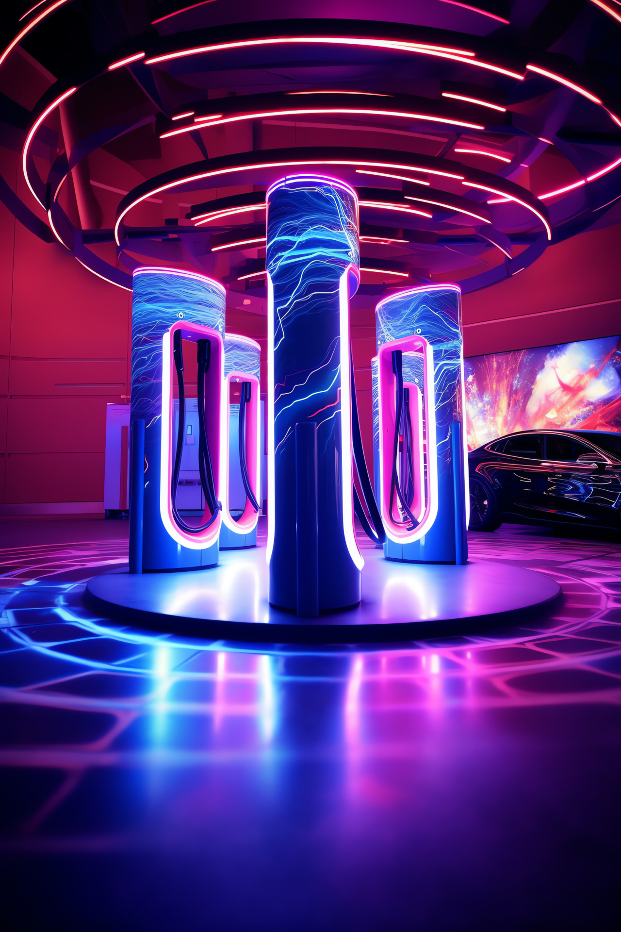 Tesla Supercharger station, Electric charging, Renewable energy, High-tech infrastructure, Automotive future, HD Phone Image