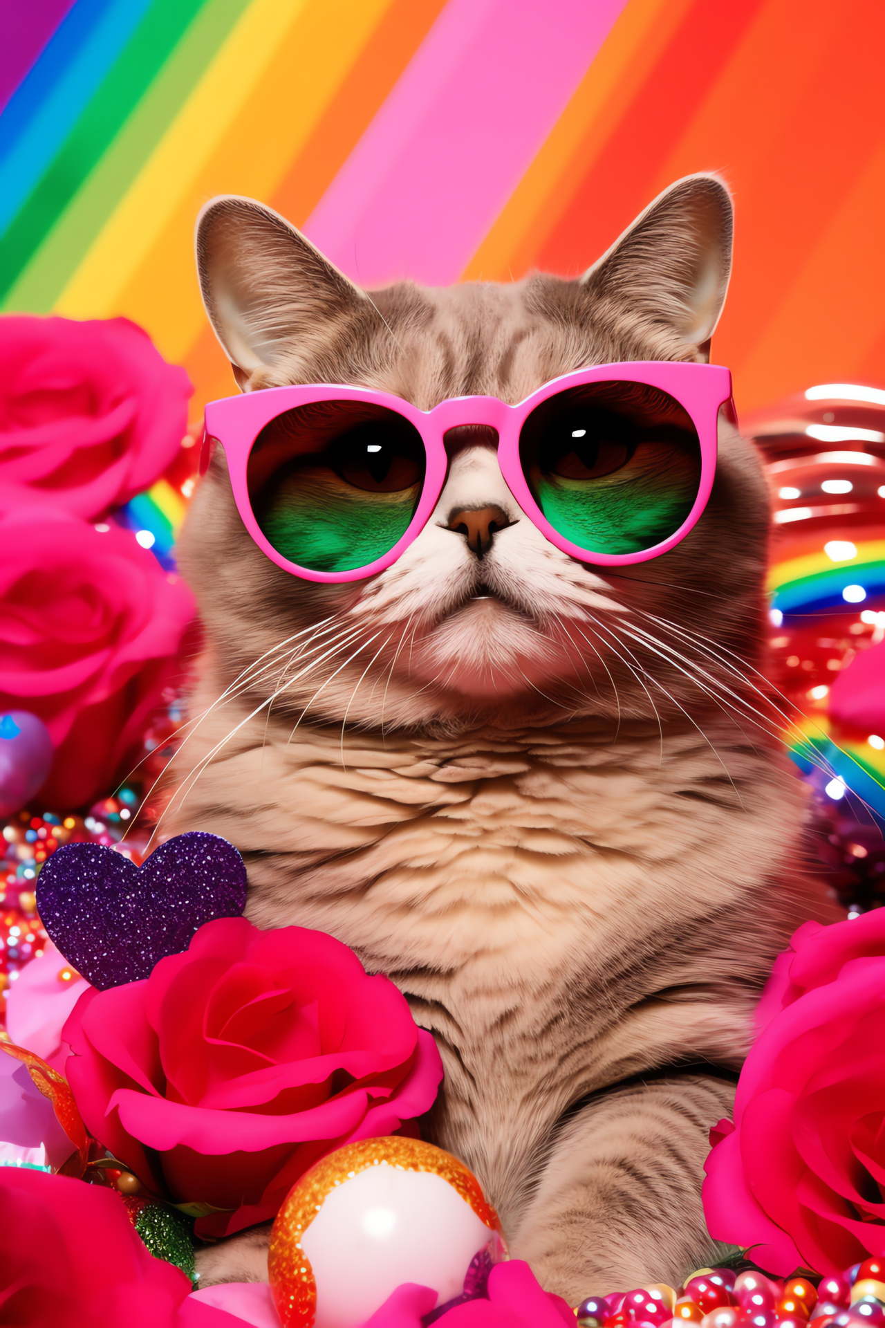 Feline Valentines, Amorous celebration, Heart accessory, Luminous fuchsia tint, Floral spectrum, HD Phone Image