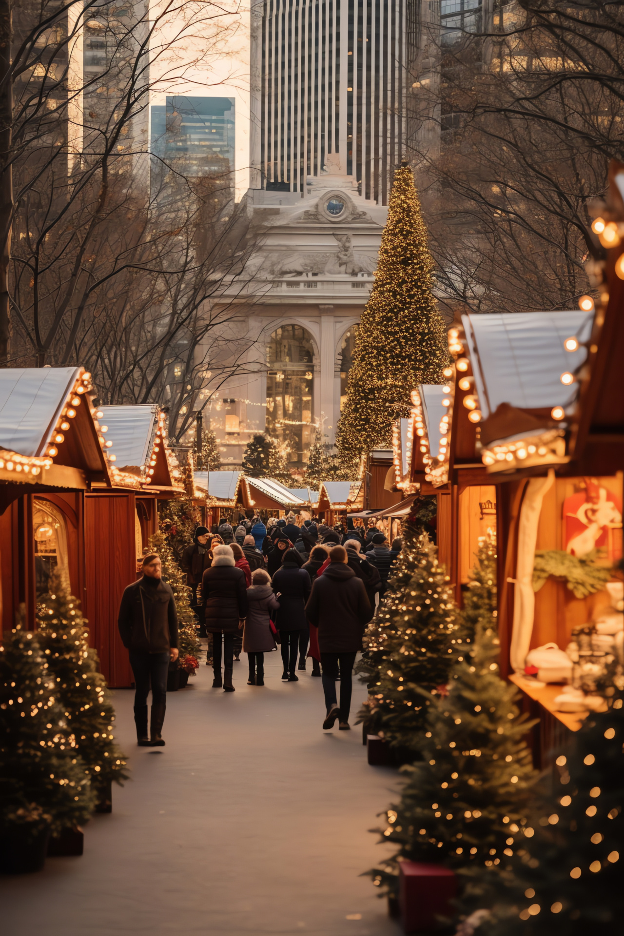 Christmas in Bryant Park, holiday market, seasonal treats, ice skating enjoyment, decorative surroundings, HD Phone Wallpaper