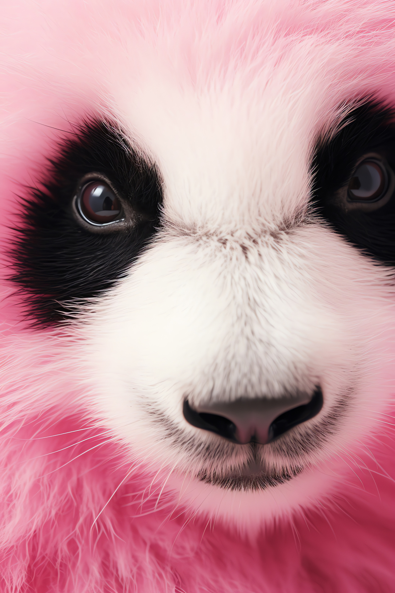 Pink Panda animal, creature with round optics, fur pattern detail, animal closeup, multicolor scene, HD Phone Image