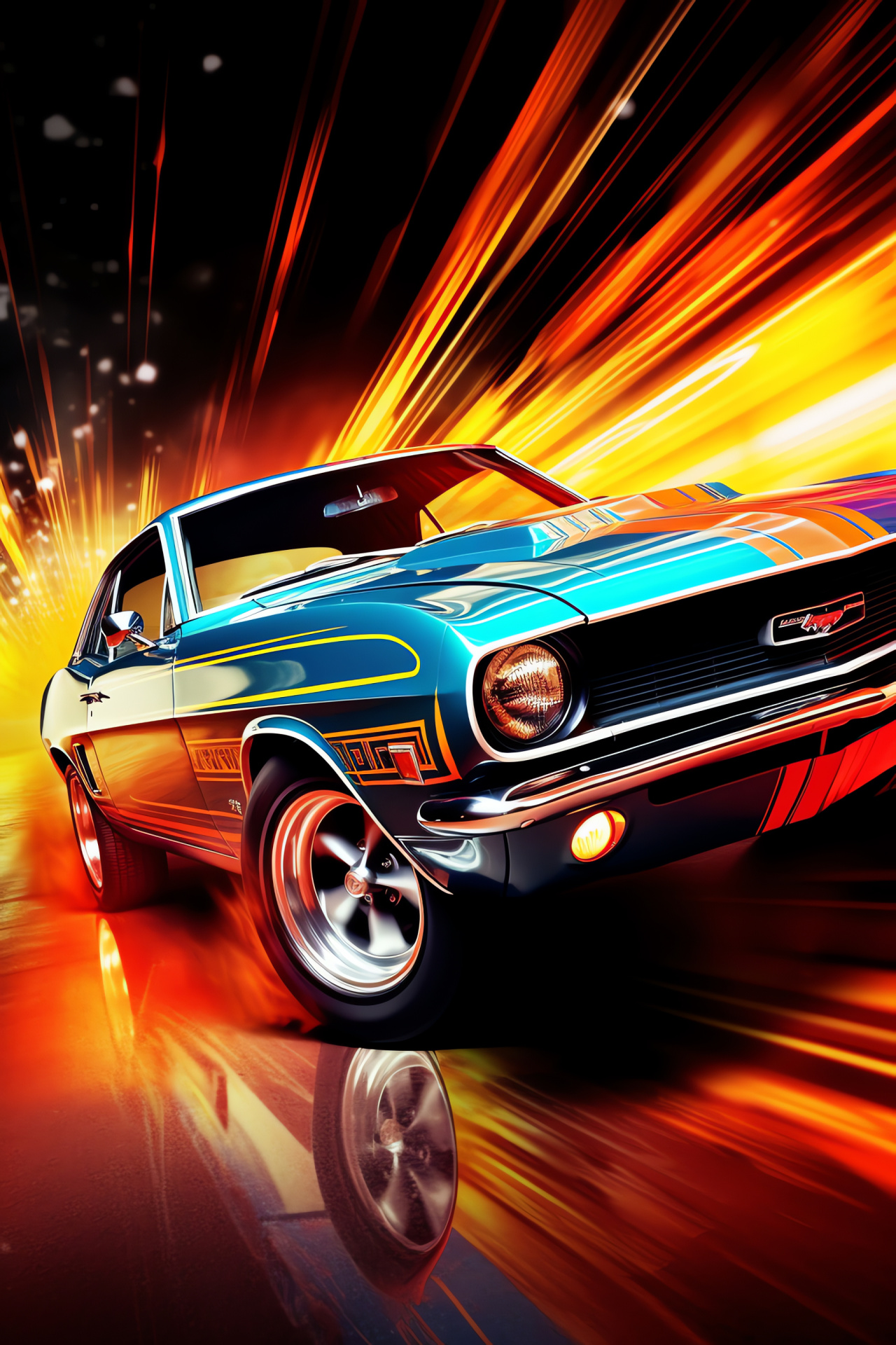 Historic muscle car, Profile angle, Luminous curve patterns, Hypnotic shades, Automotive heritage, HD Phone Wallpaper