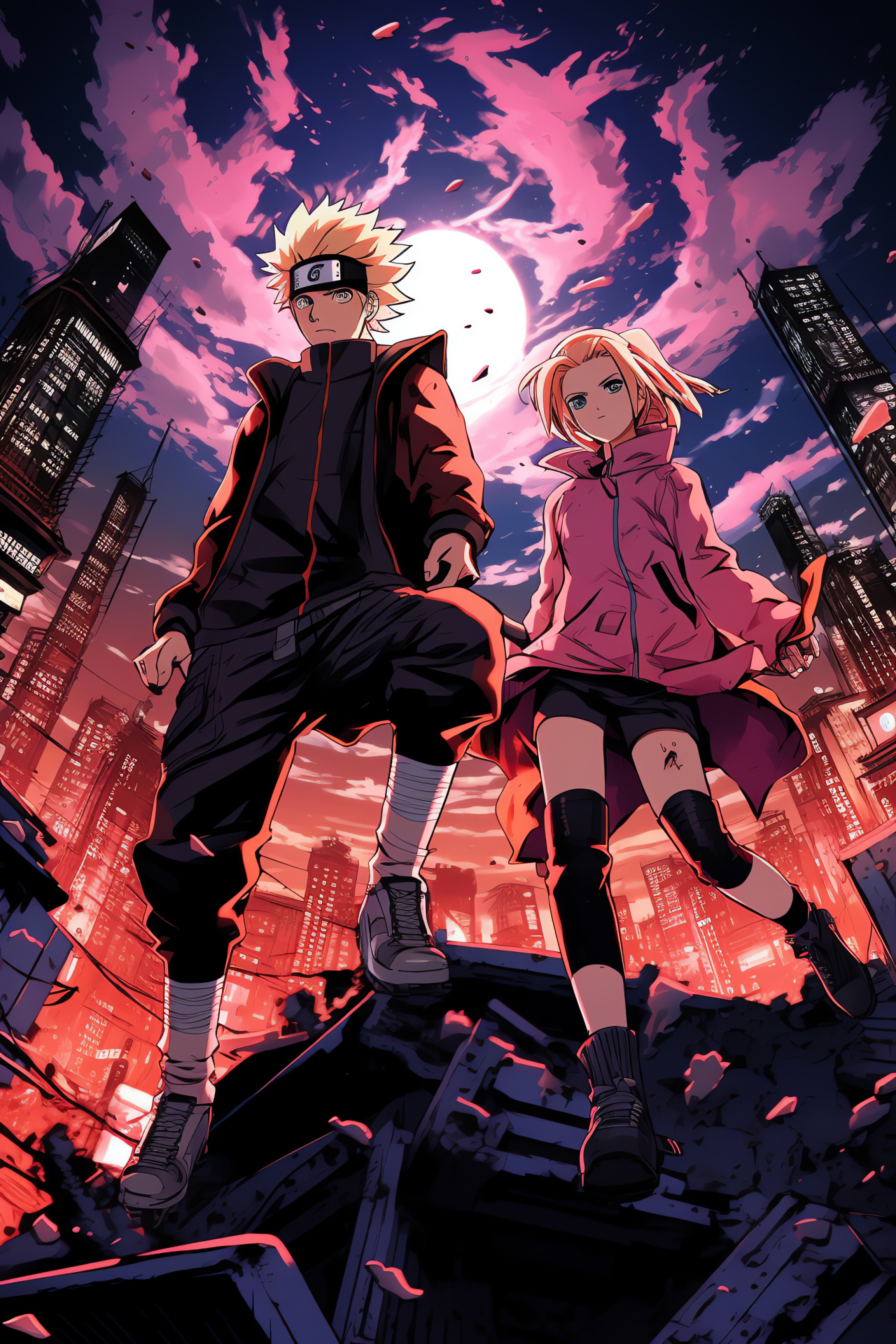 Futuristic anime, Naruto and Sakura, urban skyline, looming buildings, swift figuration, HD Phone Image