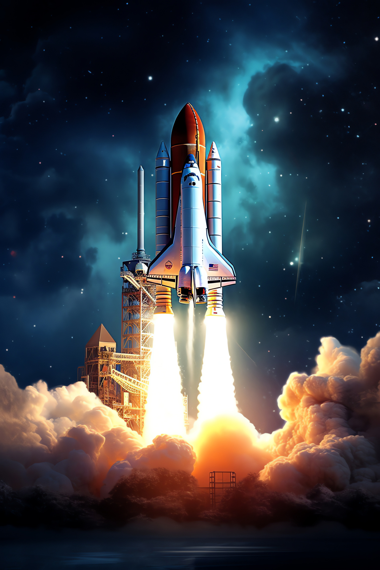 Space Shuttle portrayal, Lunar backdrop art, Celestial digital creation, Astro exploration, Starry firmament, HD Phone Image