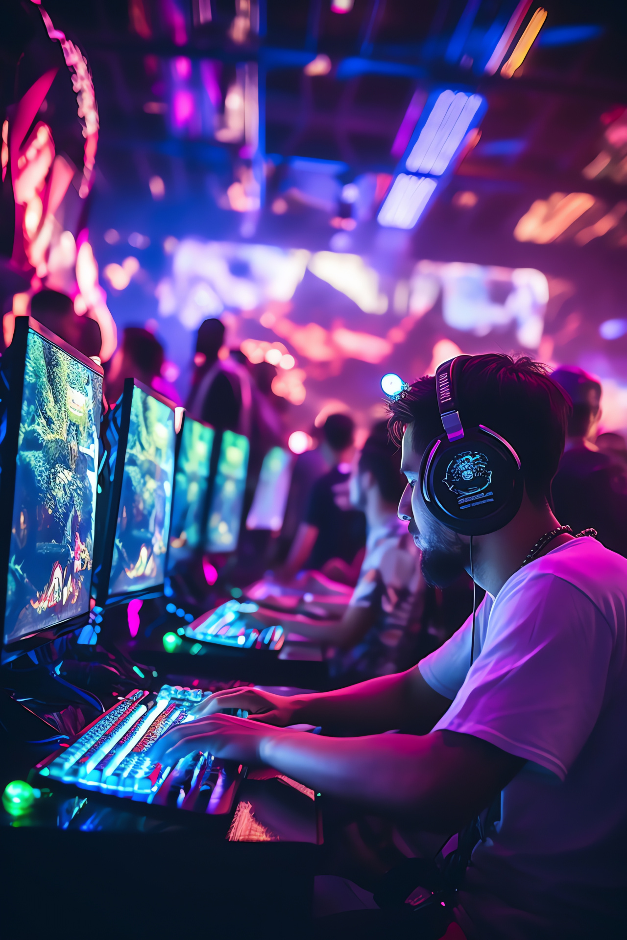 PC gaming tournament scene, interactive displays, keystroke rhythm, gamer excitability, HD Phone Wallpaper