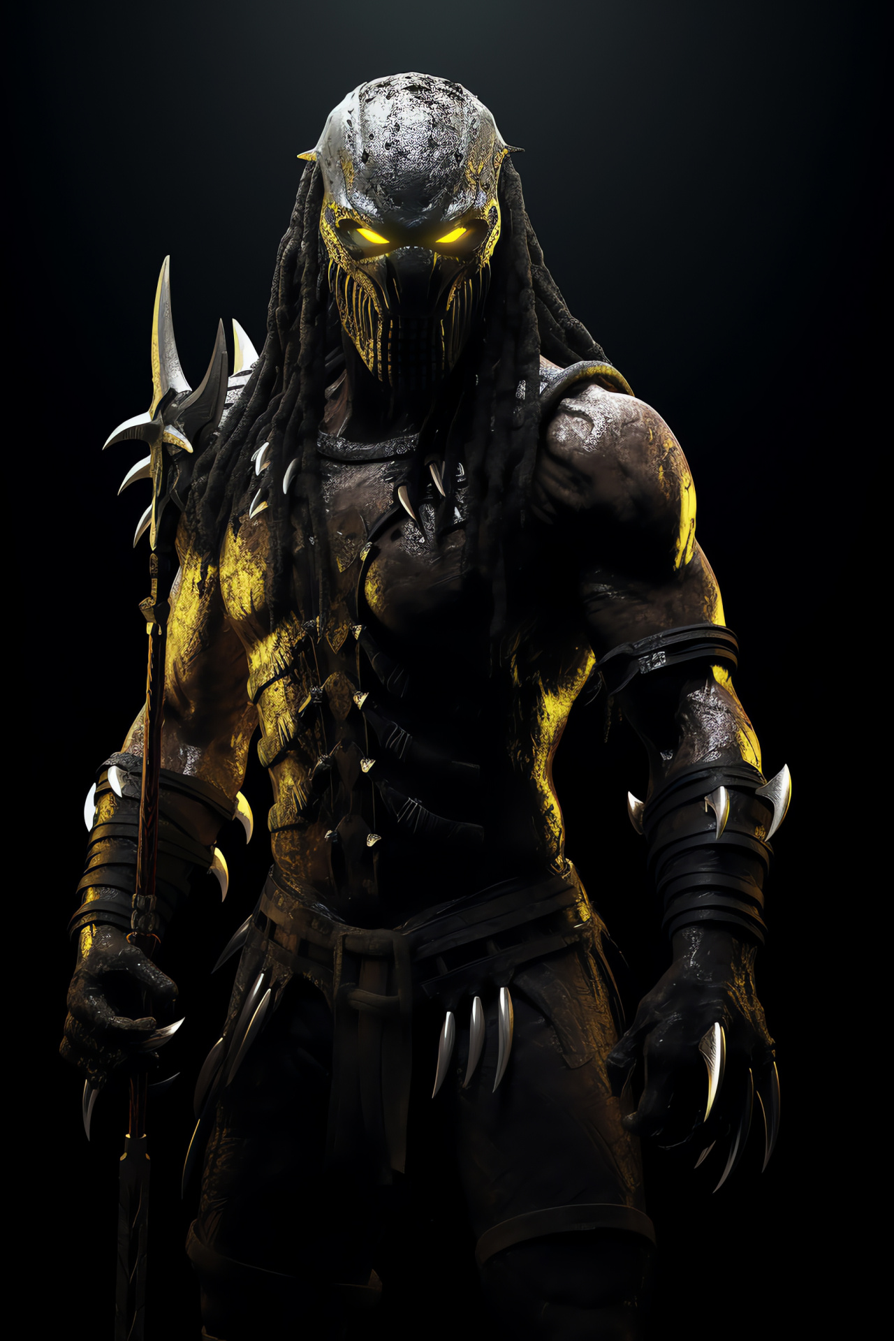 Predator hunters, Ominous yellow gaze, Predator species, Crouched hunter posture, Muscular alien silhouette, HD Phone Image