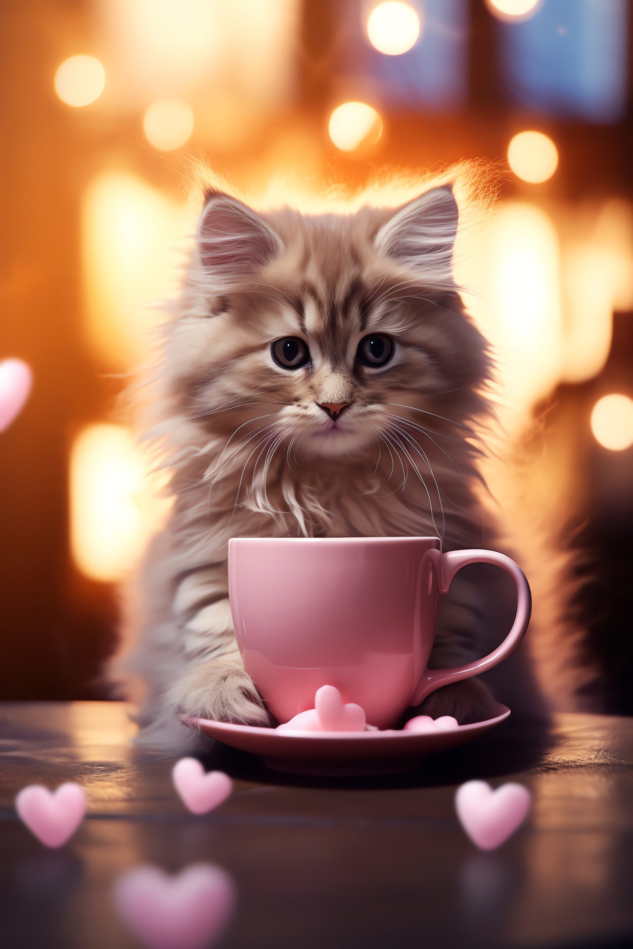 Affectionate feline, snug coffeehouse, chestnut fur, amiable environment, Valentine baked goods, HD Phone Image