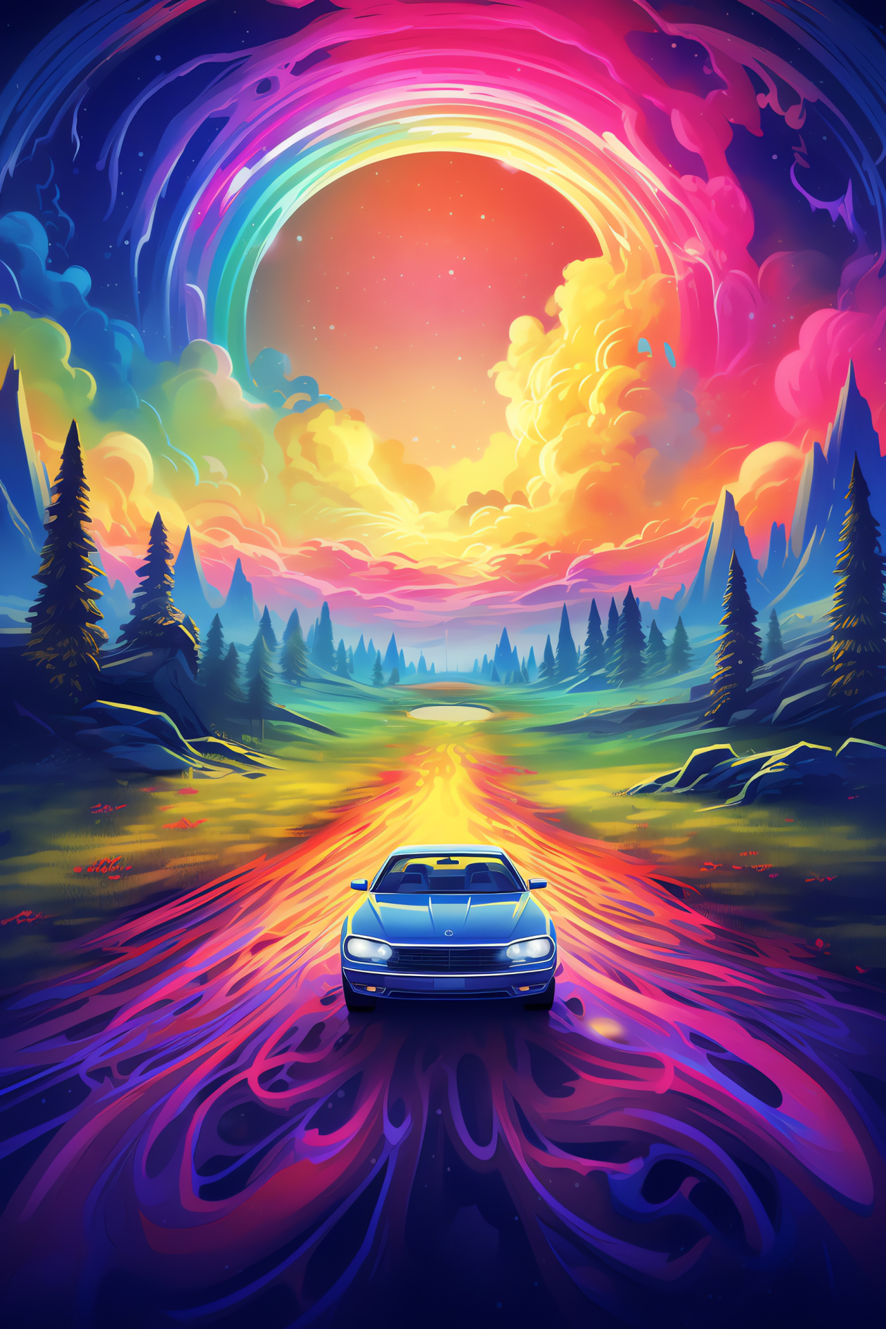 Automobile fantasy flight, chromatic field dreamscape, surreal island floating, whimsical vehicle exploration, HD Phone Wallpaper