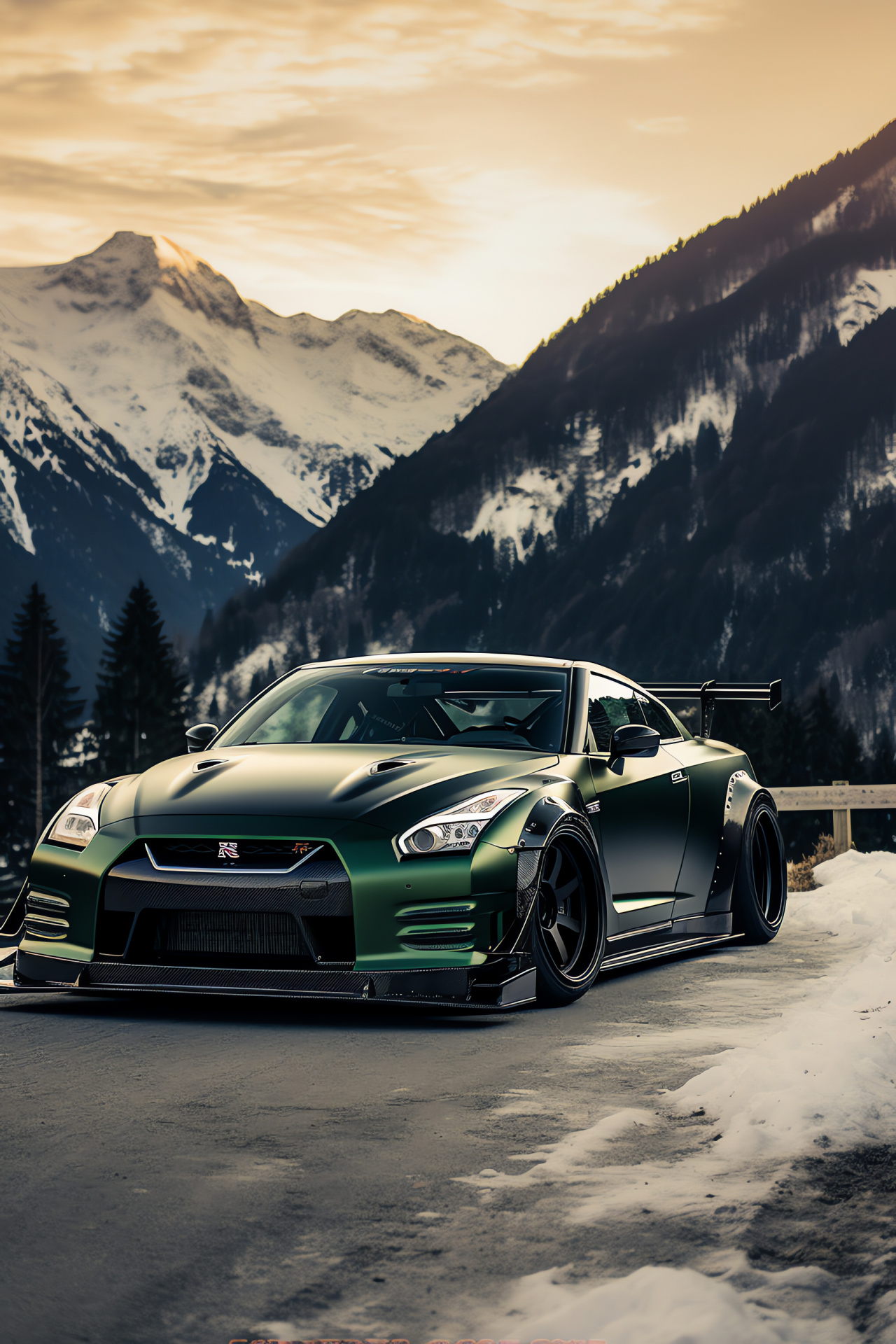 Nissan GTR Liberty Walk, Swiss alpine roads, high-performance kit, winter wonderland, lush valleys, HD Phone Wallpaper