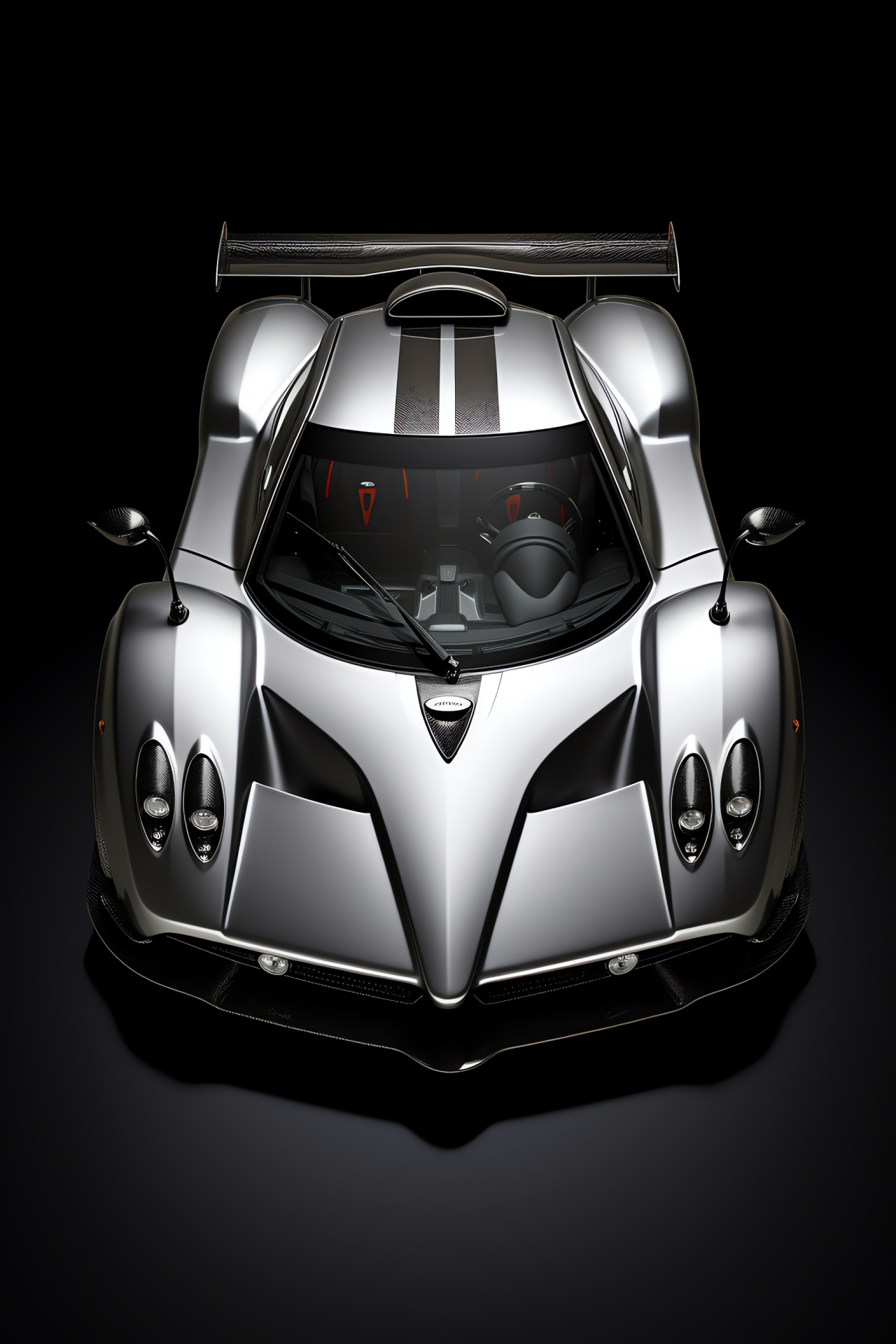 Pagani Zonda F, overhead shot, dichromatic theme, shimmering argent, stark contrast, HD Phone Wallpaper