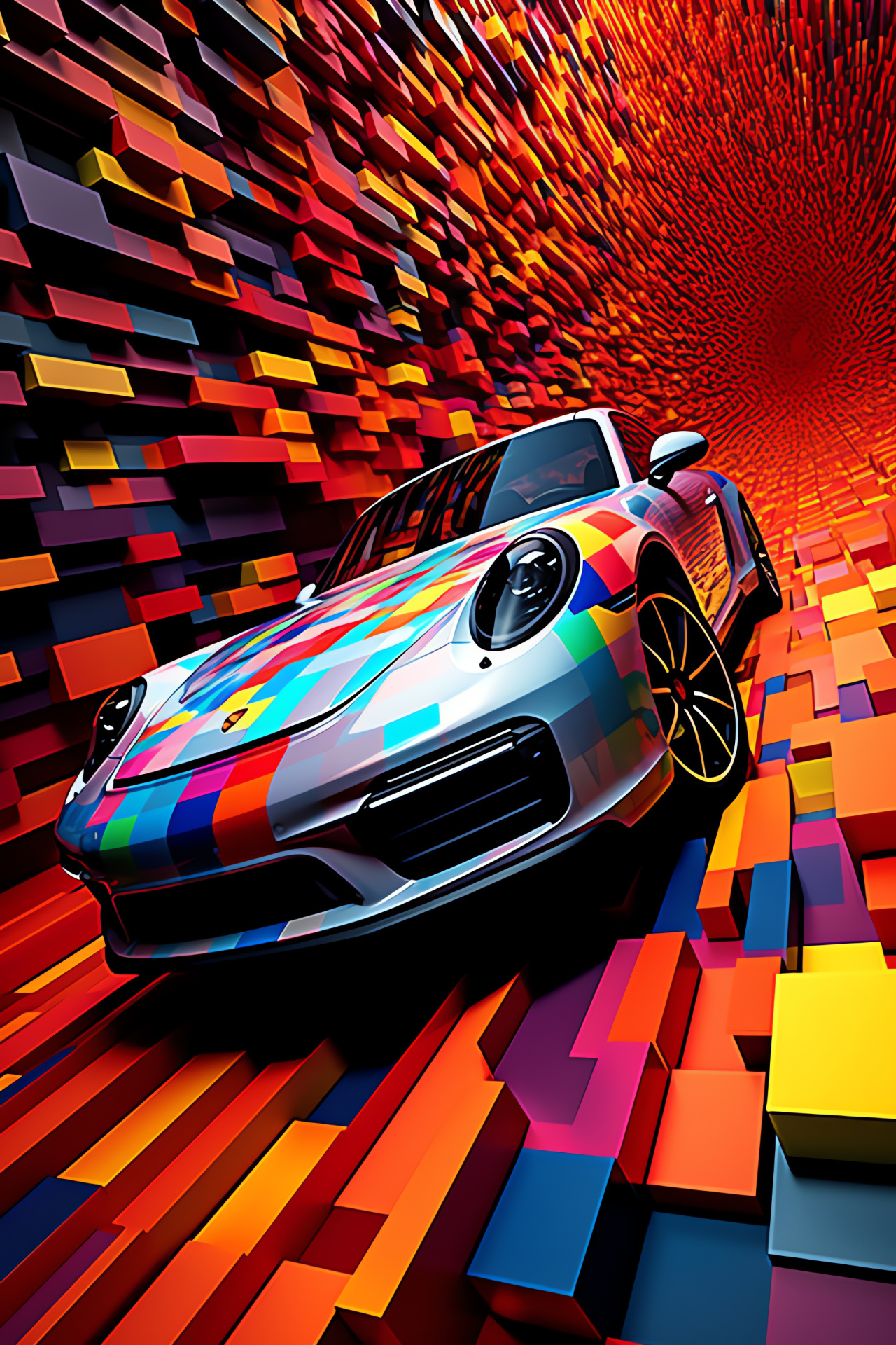 Porsche 911 design, Abstract angular art, Topside capture, Complex lines, Chromatic brilliance, HD Phone Wallpaper