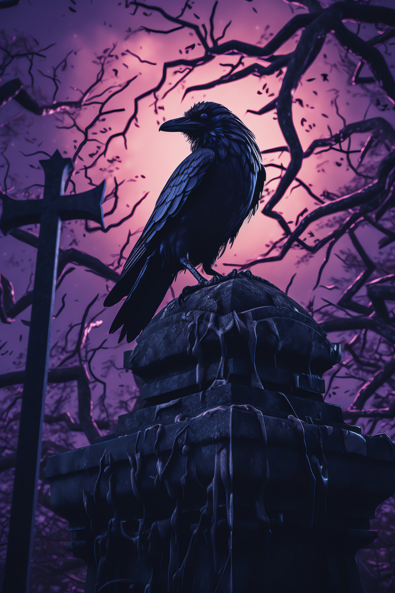 Black bird, luminescent eyes, ethereal avian aura, necropolis under night sky, Gothic imagery, HD Phone Wallpaper