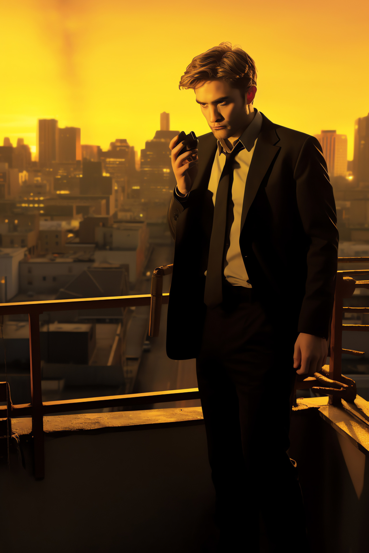 Rob Pattinson in formal attire, Skyscraper view, Urban skyline, Evening city lights, Cinematic atmosphere, HD Phone Wallpaper