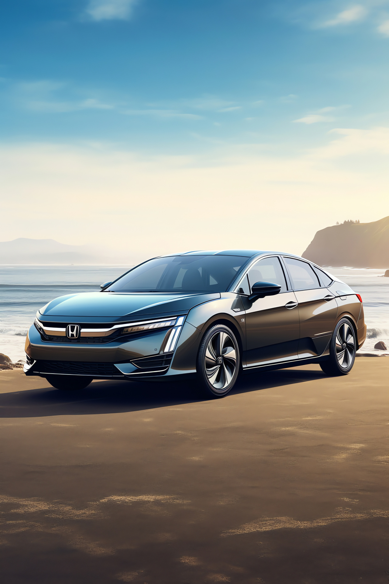 Honda Clarity VTEC, seashore route, panoramic scene, zero-emissions power, coastal journey, HD Phone Image