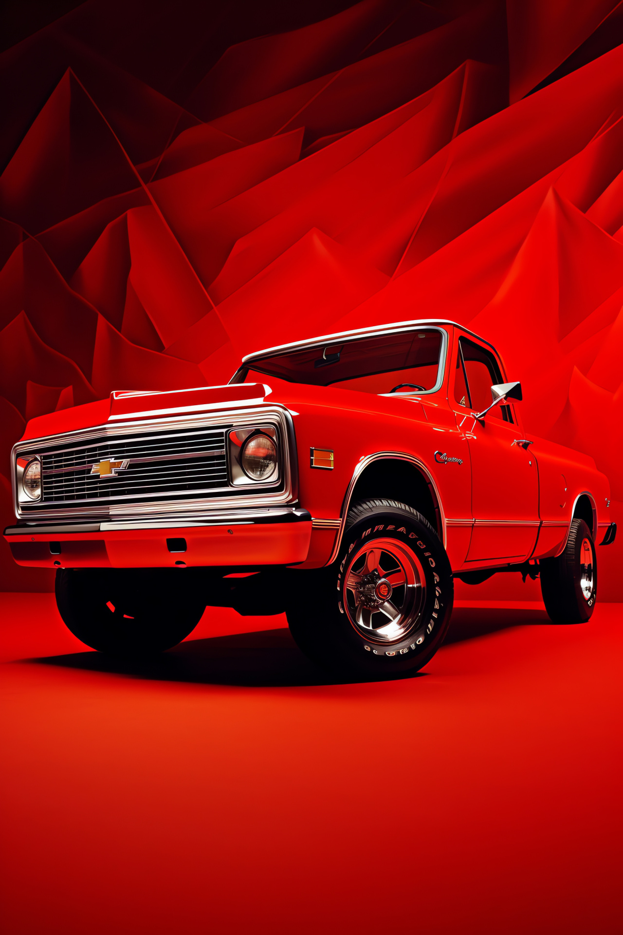 Chevy K10 Pickup, Elevated perspective, Crimson paint, Monochrome tone, Vintage truck lovers, HD Phone Wallpaper