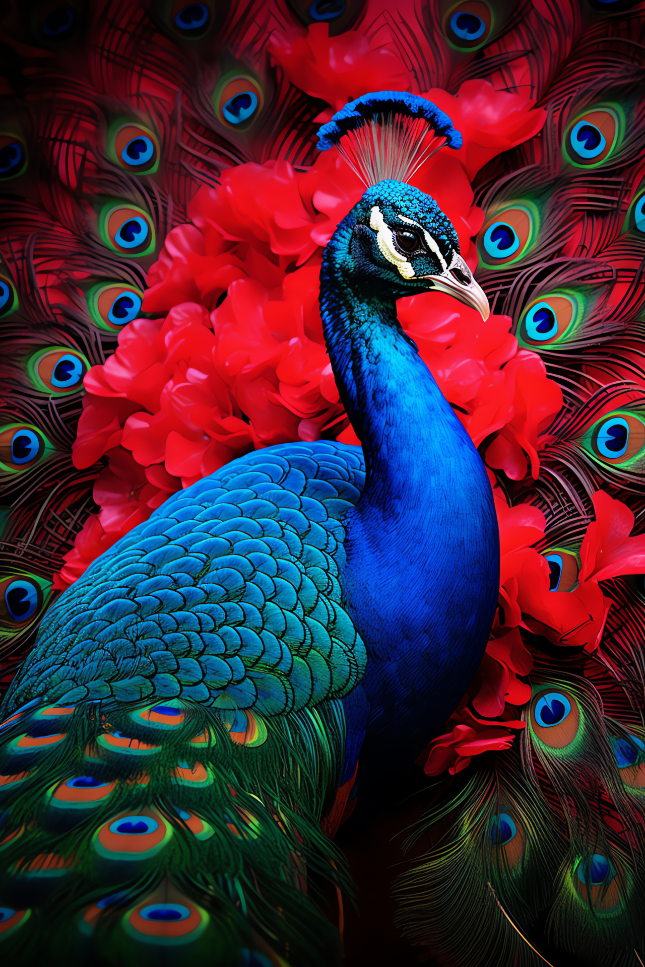 Peacock standing proud, Feather array, Blue and green brilliance, Avian subject, Crimson setting, HD Phone Image