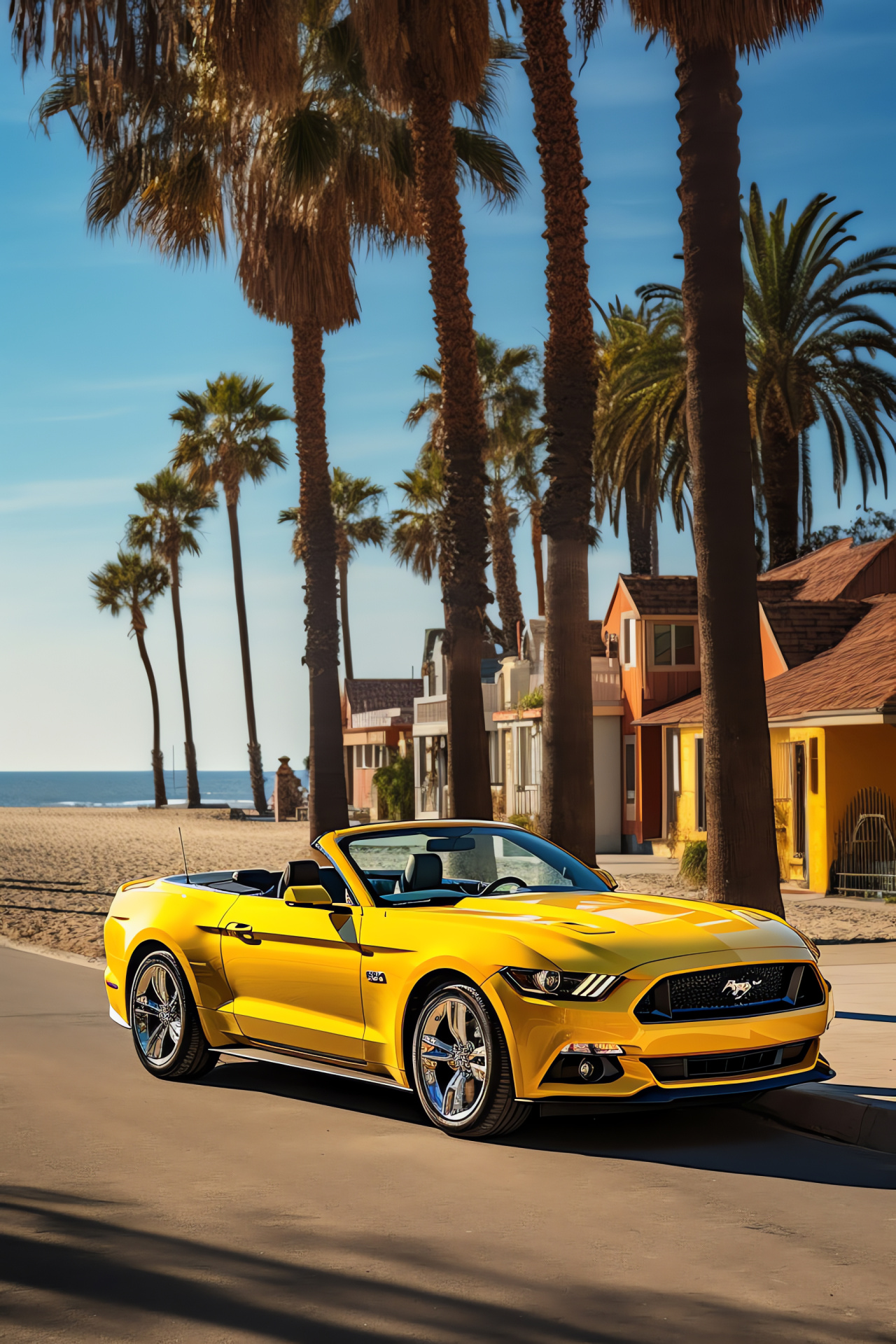 Convertible Mustang, California coastline, Sunlight on metal, Beachside scenic drive, Golden State joyride, HD Phone Image