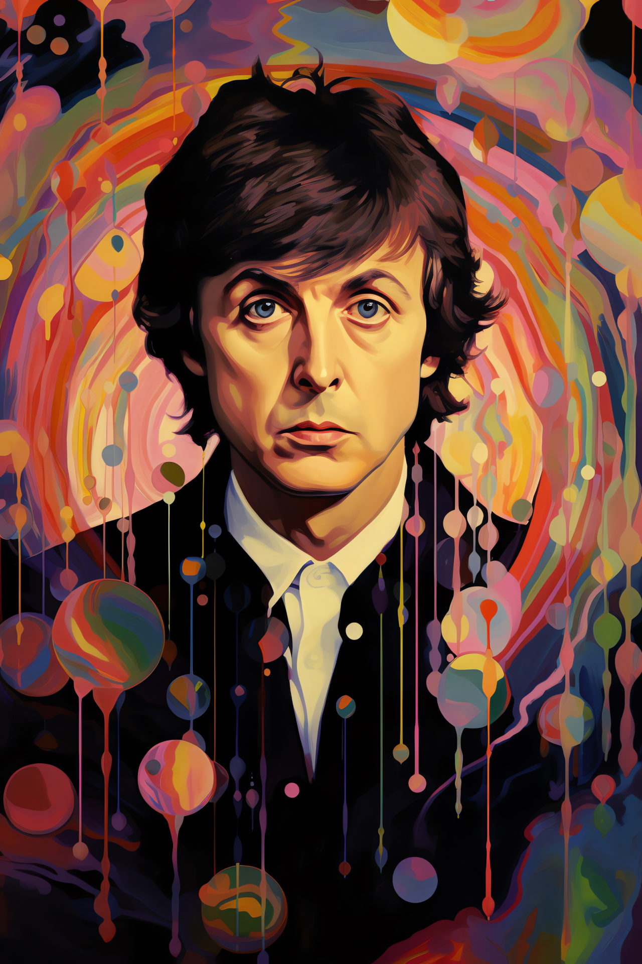 Paul McCartney Beatles era, Psychedelic music influence, 1960s rock legend, Swirling graphics, Artistic music portrait, HD Phone Wallpaper