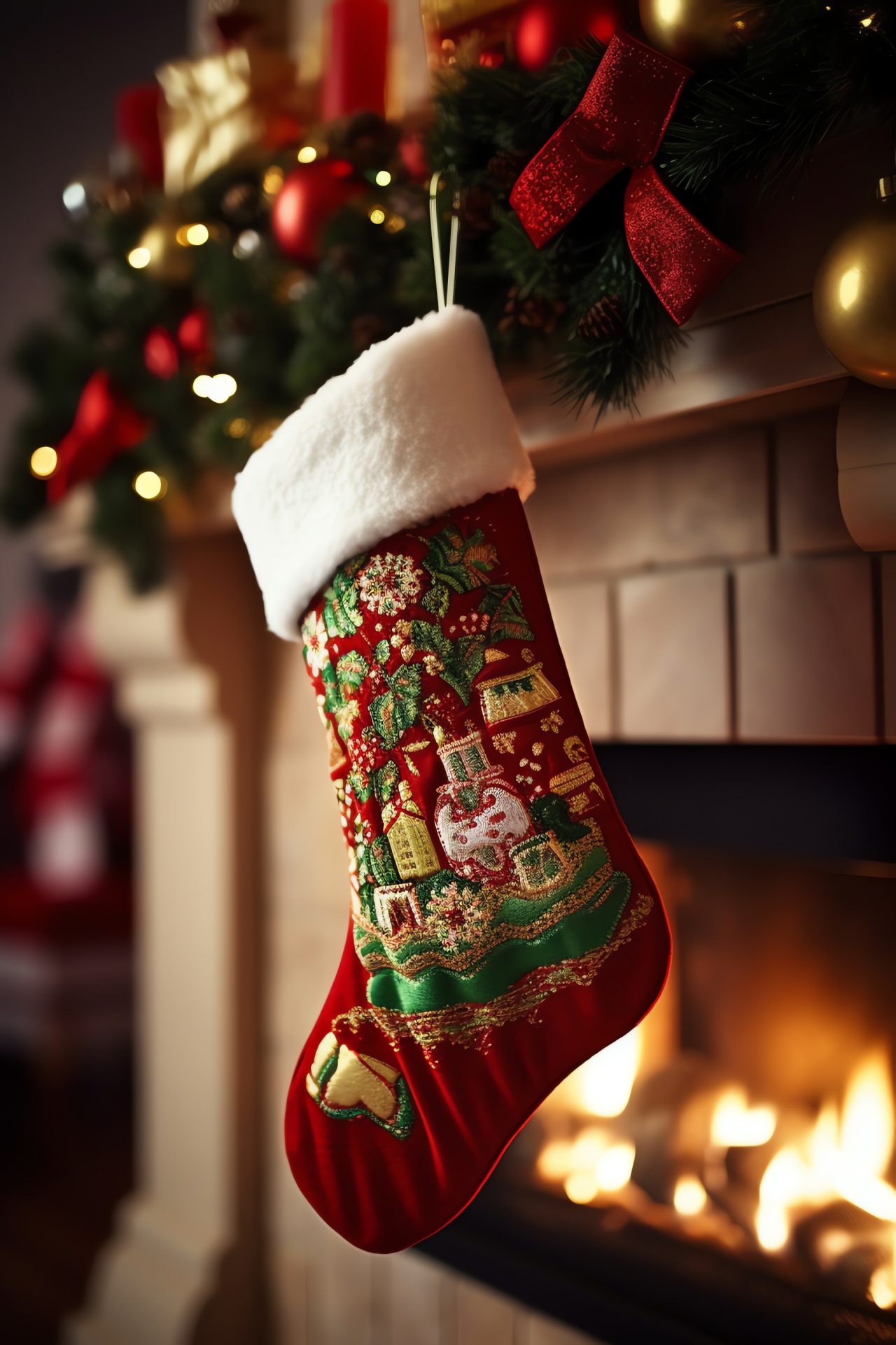 Yuletide tradition, mantelpiece adorned, knitted stockings, wrapped surprises, joyful dawn, HD Phone Wallpaper