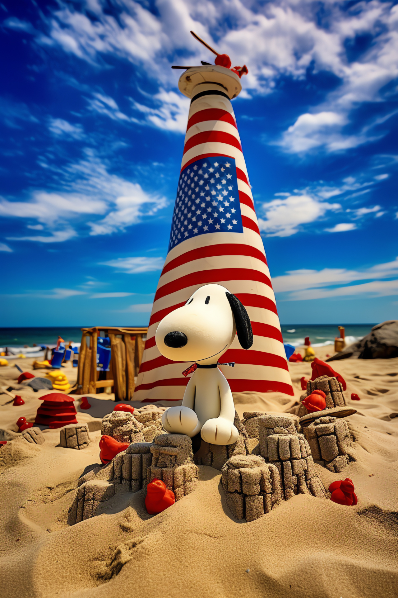 Snoopy character, Patriotic celebration, Seaside leisure, Sand sculpture activities, National flag emblem, HD Phone Wallpaper