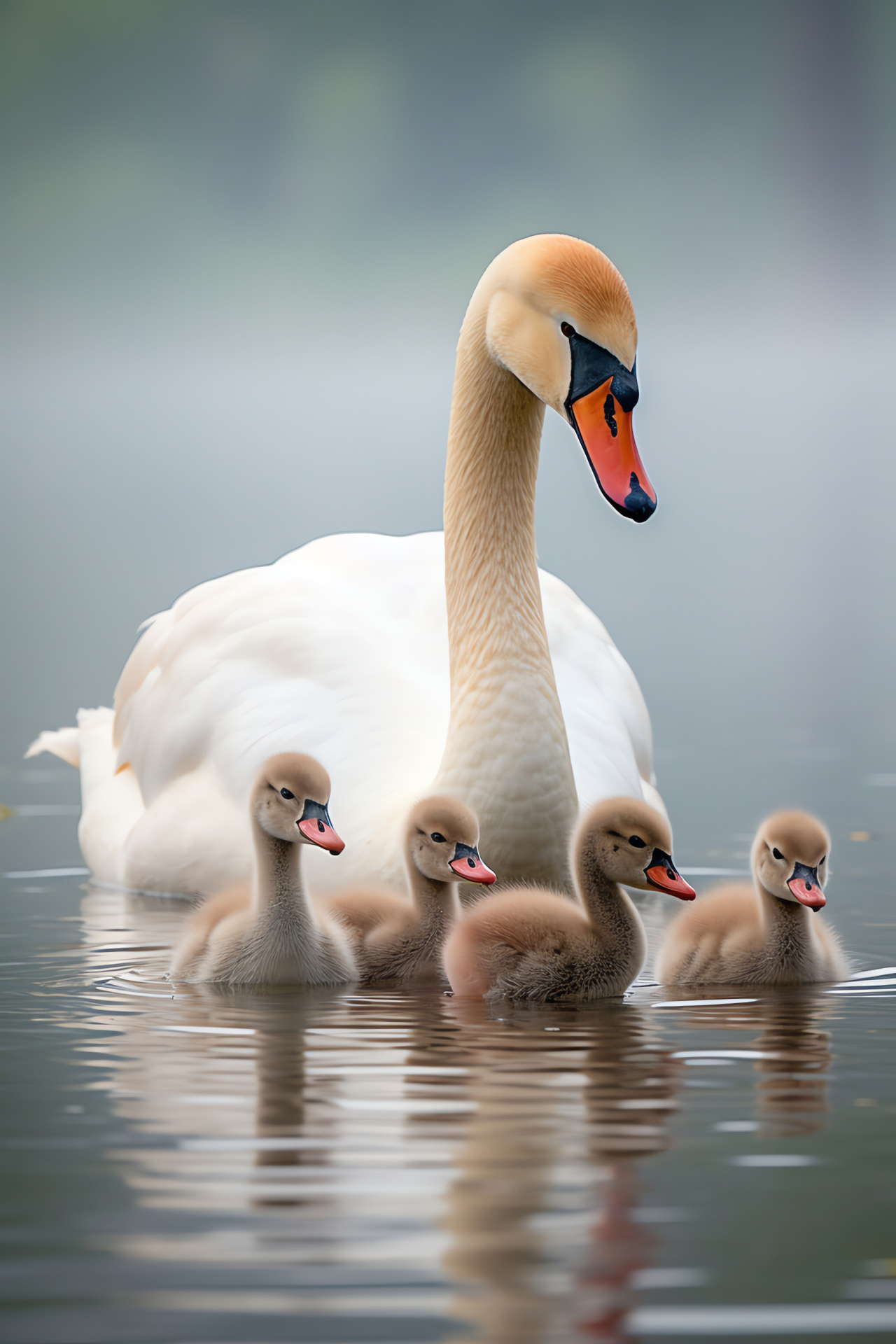 Waterbird brood, juvenile cygnet down, family of swans, tranquil pond scene, nurturing avian, HD Phone Wallpaper