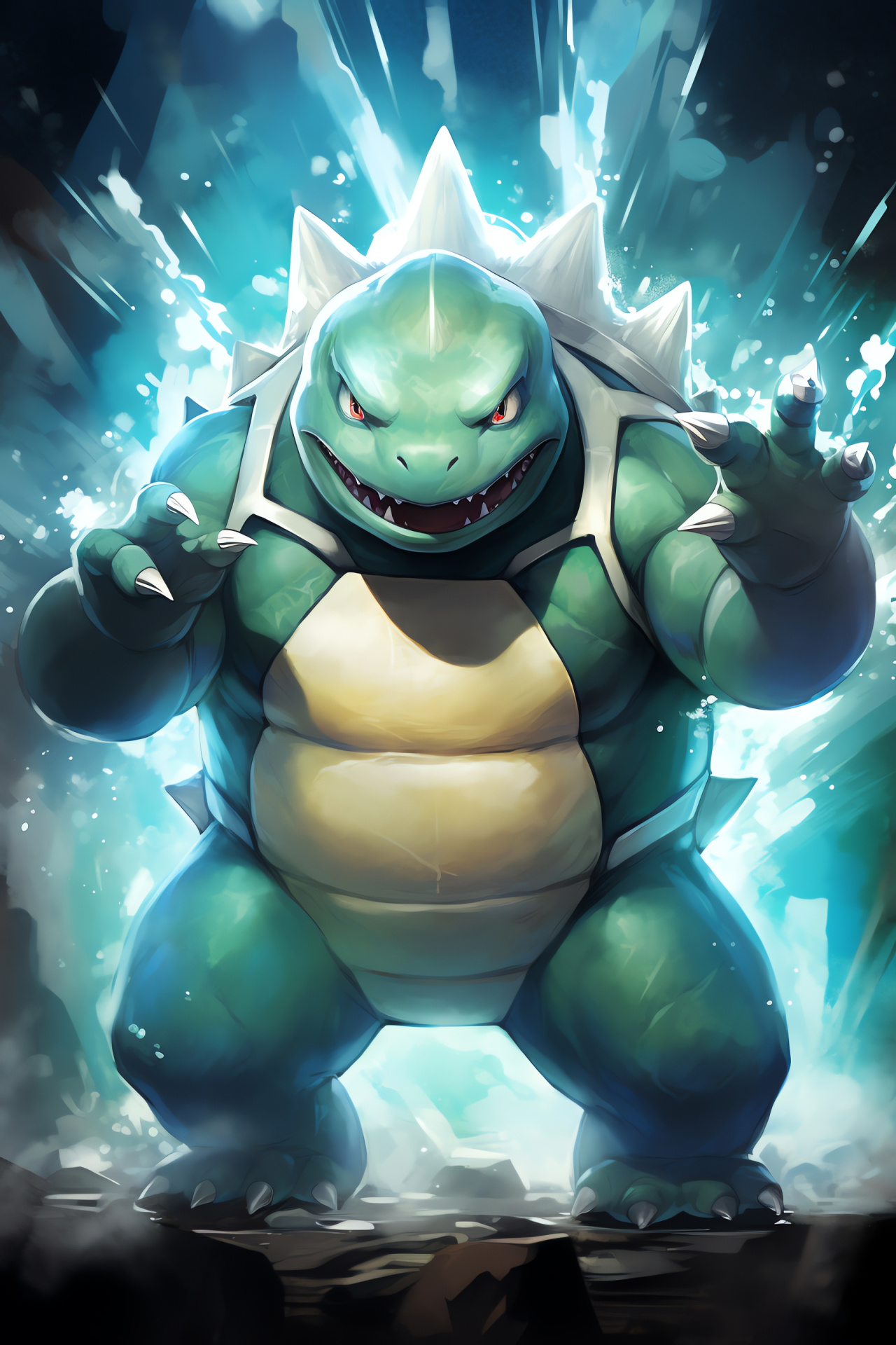 Blastoise depiction, Water type, Navy coloration, Pressurized weaponry, Resolute demeanor, HD Phone Image