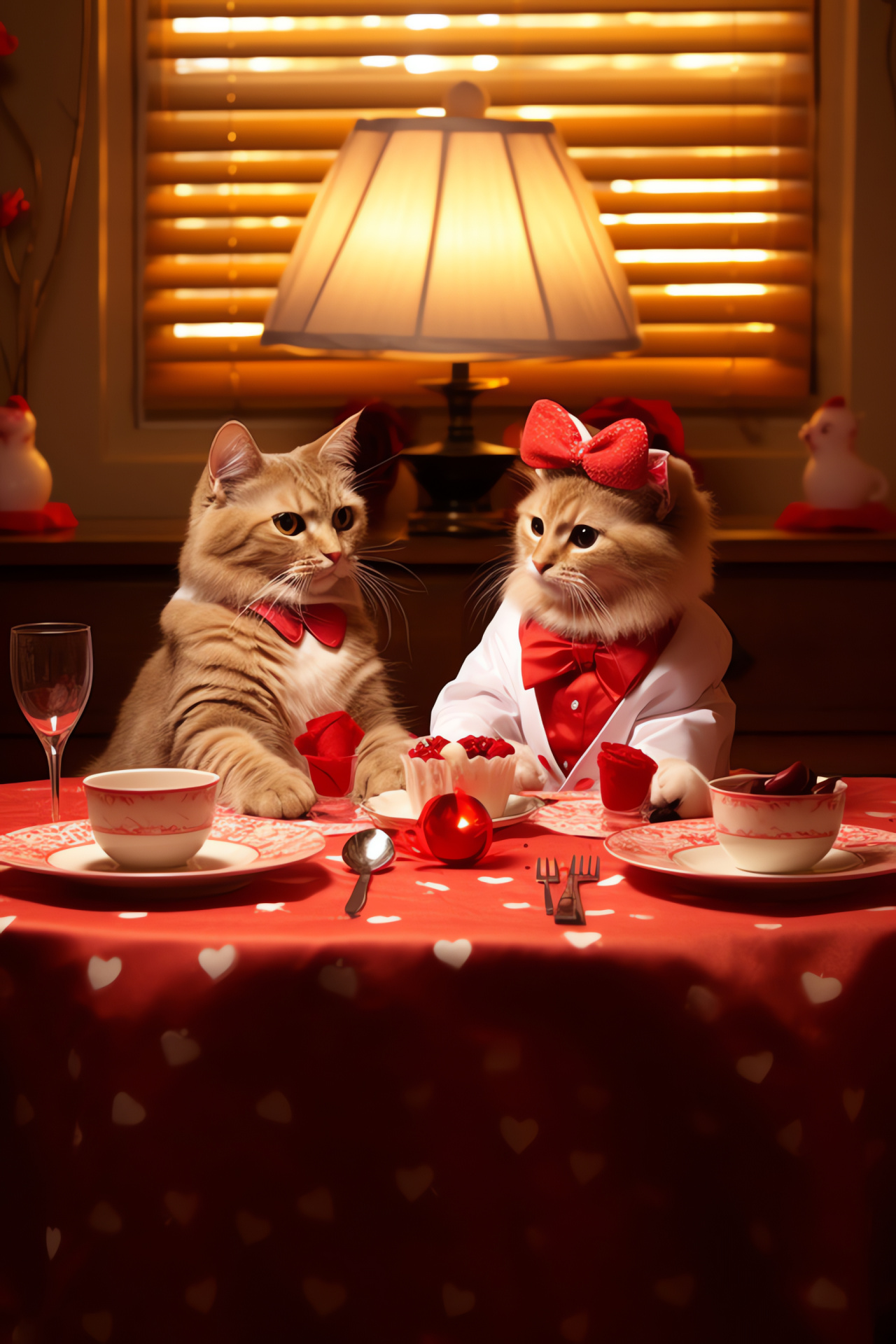 Festive felines celebration, Elegant cats, Banquet aesthetic, Lustrous fabric, Romantic dinnerware, HD Phone Image