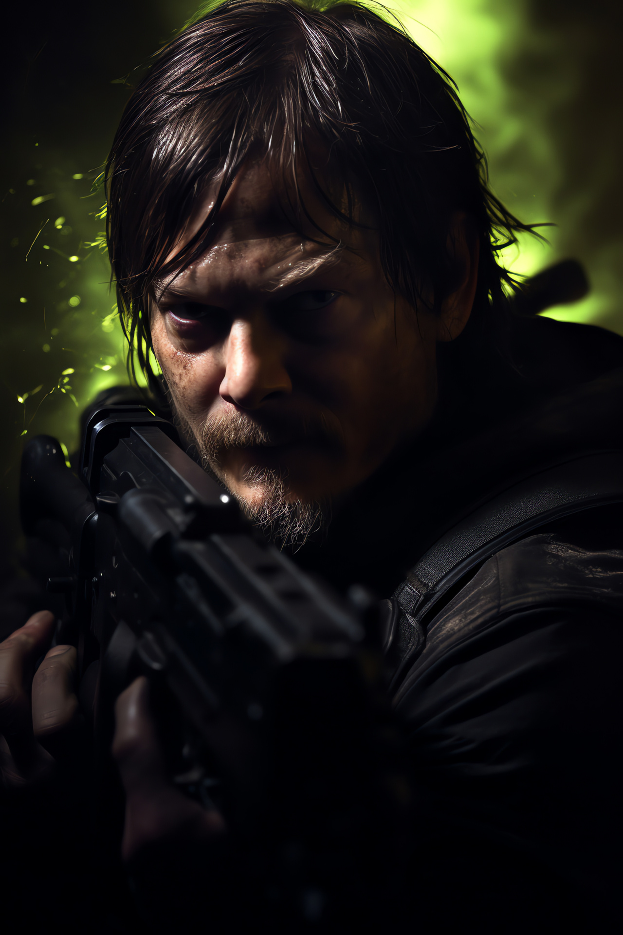 Norman Reedus cinematic shot, Film armament depiction, Smoke-filled frame, Tactical gear, Action film elements, HD Phone Wallpaper