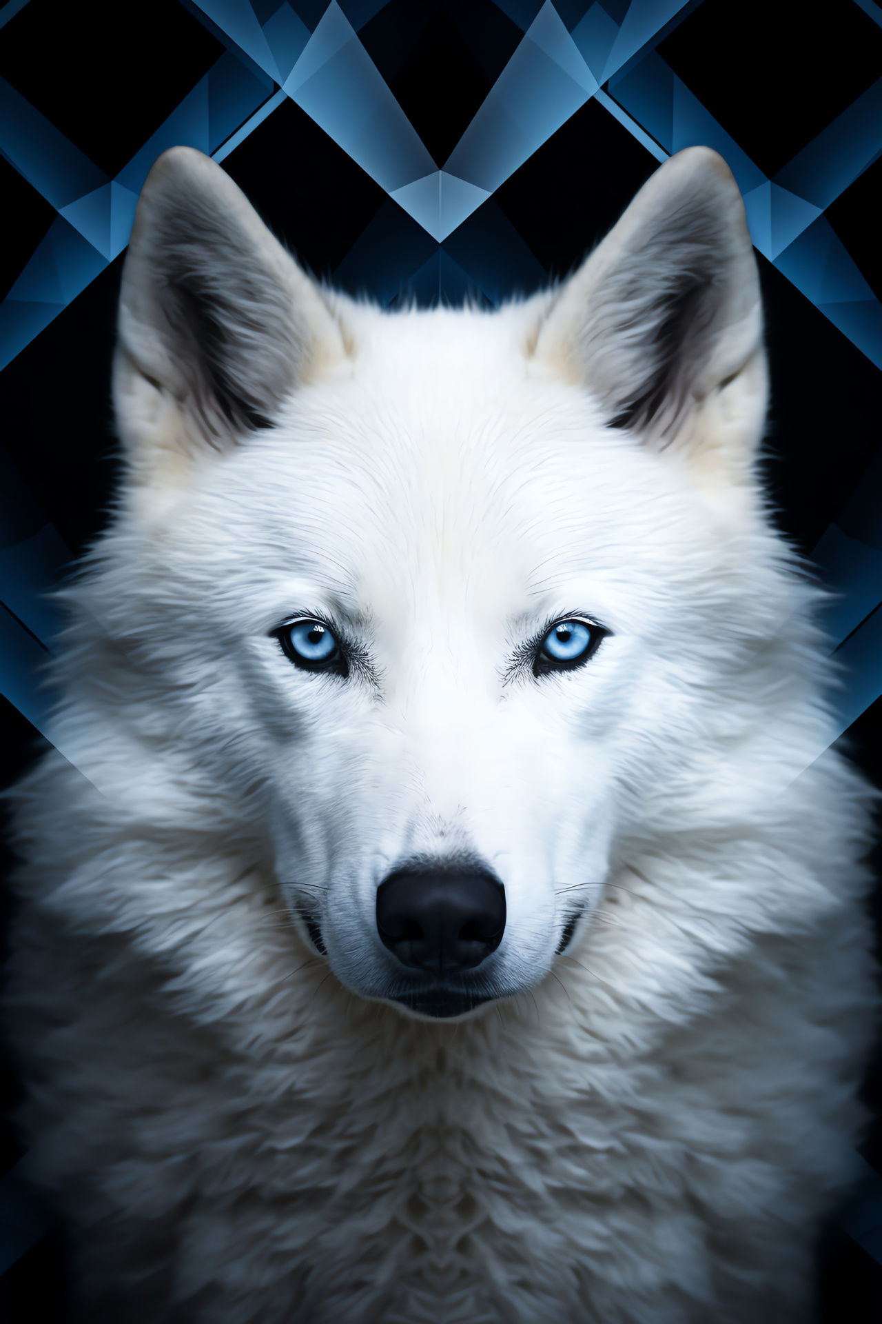 White Wolf, Black and geometric patterns, Striking Lupine appearance, Sharp-eyed predator, Mystic wilderness, HD Phone Image